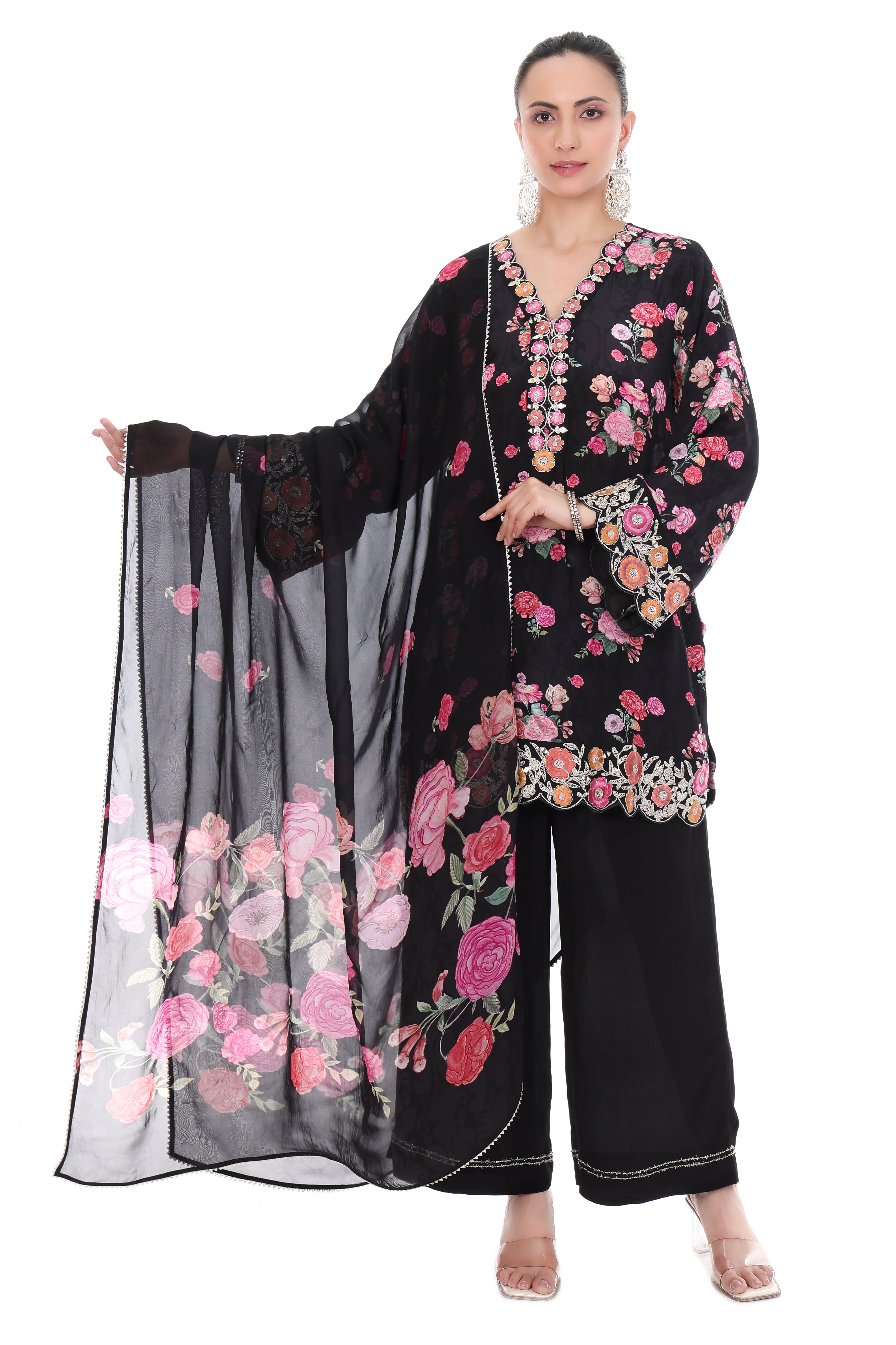 Black Embroiderd Floral Short Kurta Set