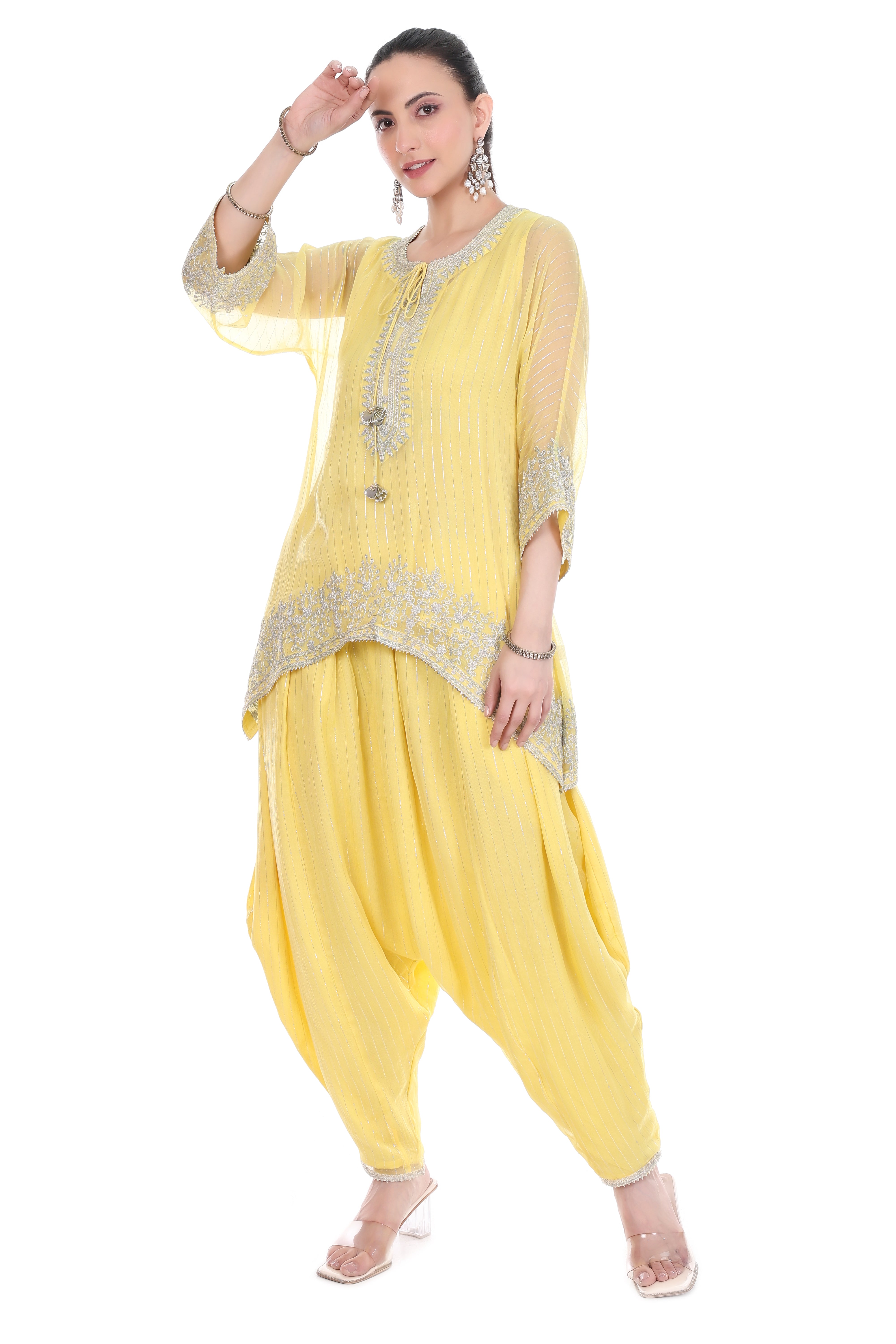 Yellow Embroidered High Low Kaftaan with Heram Pants