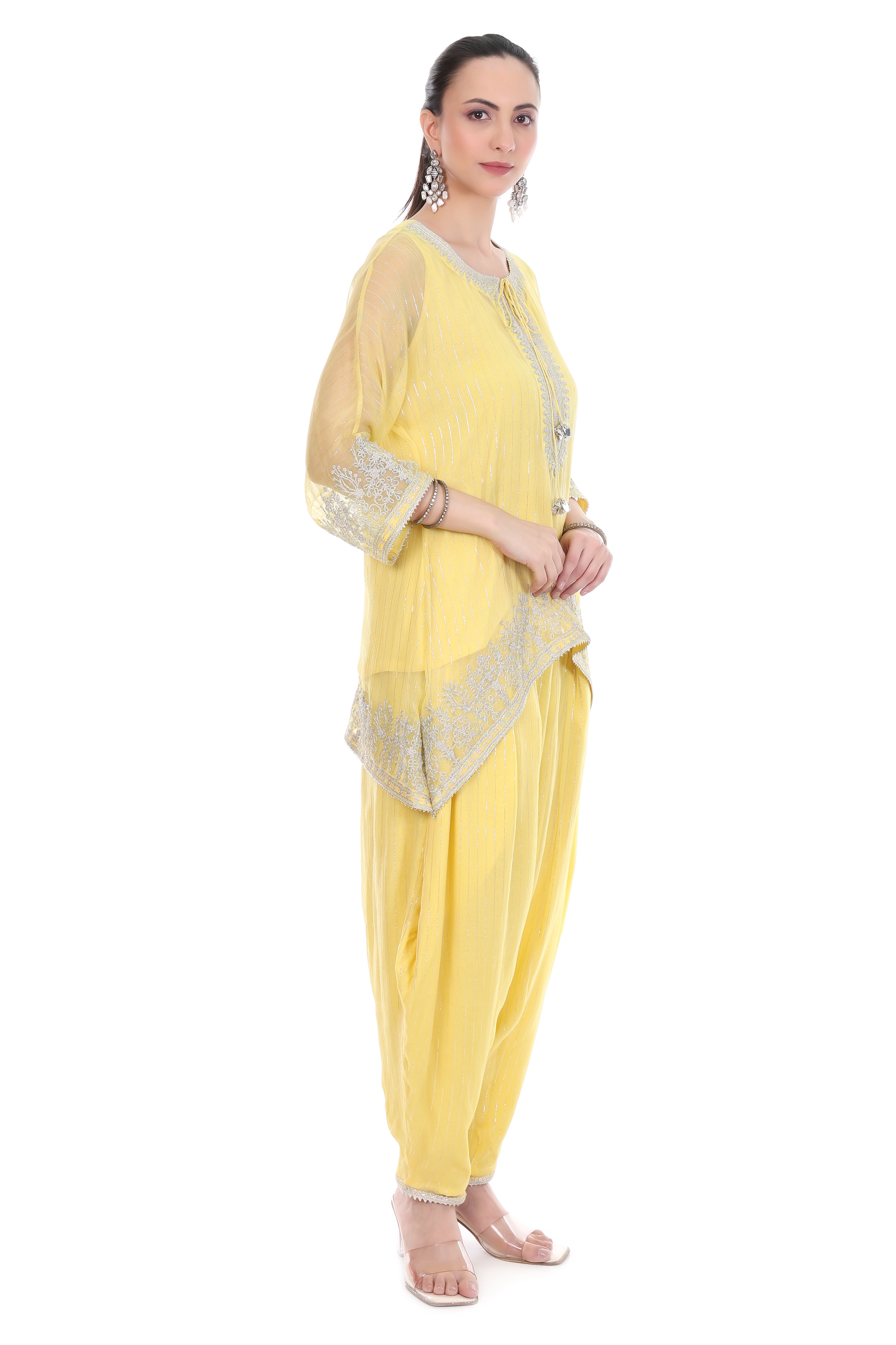 Yellow Embroidered High Low Kaftaan with Heram Pants