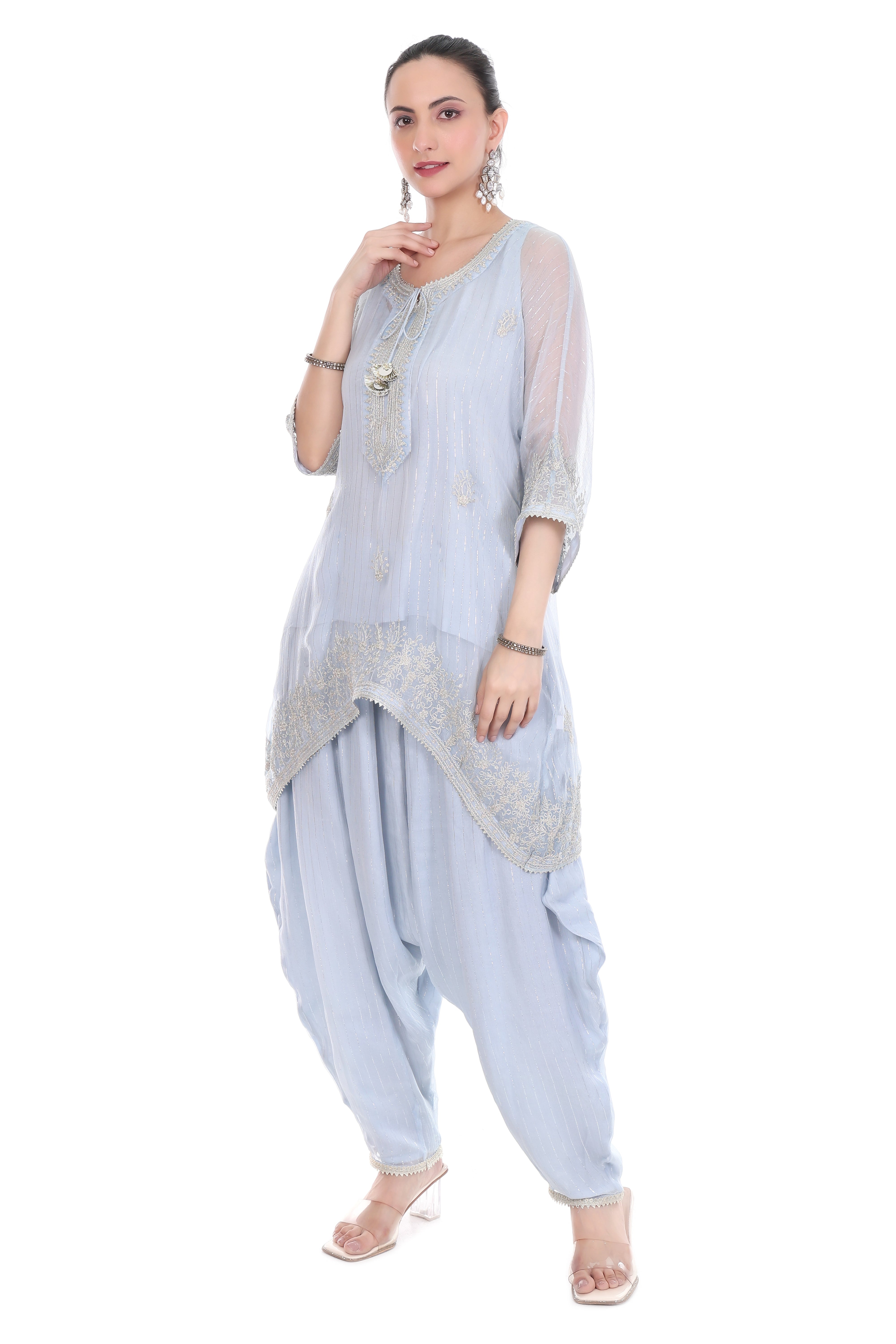 Blue Embroidered High Low Kaftaan with Heram Pants