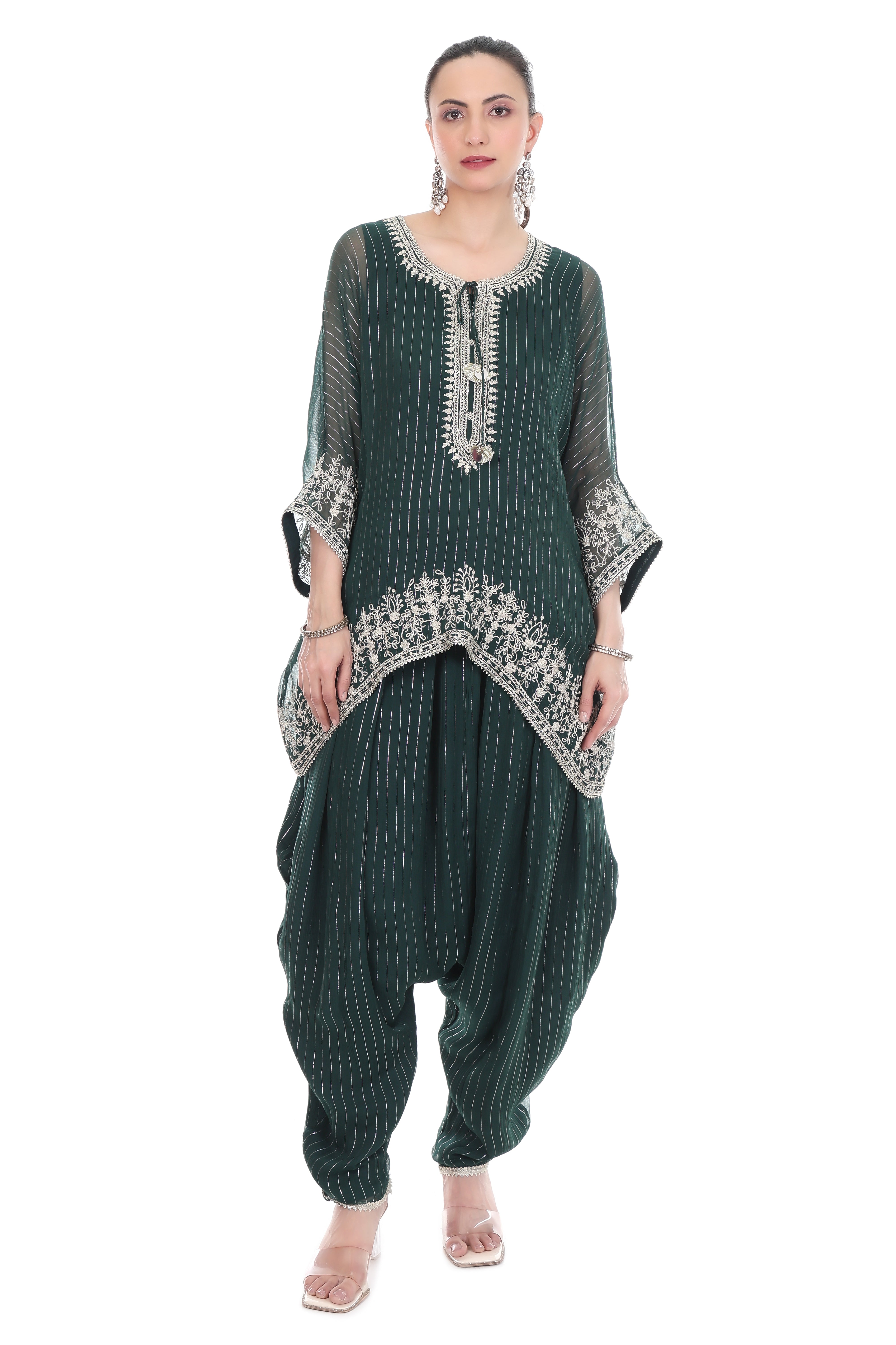 Green Embroidered High Low Kaftaan with Heram Pants