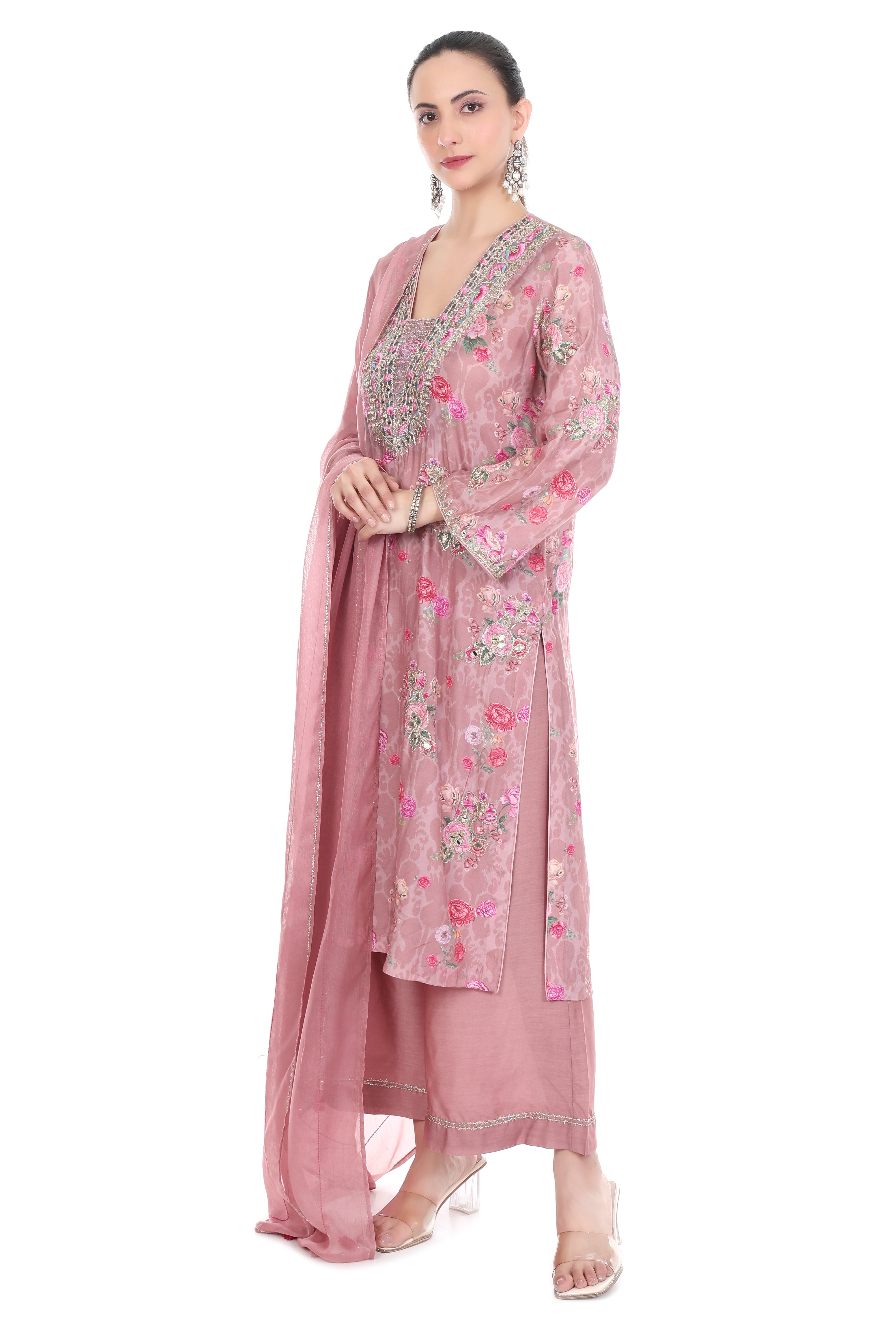 Pink Embroidered Floral Printed Kurta Set