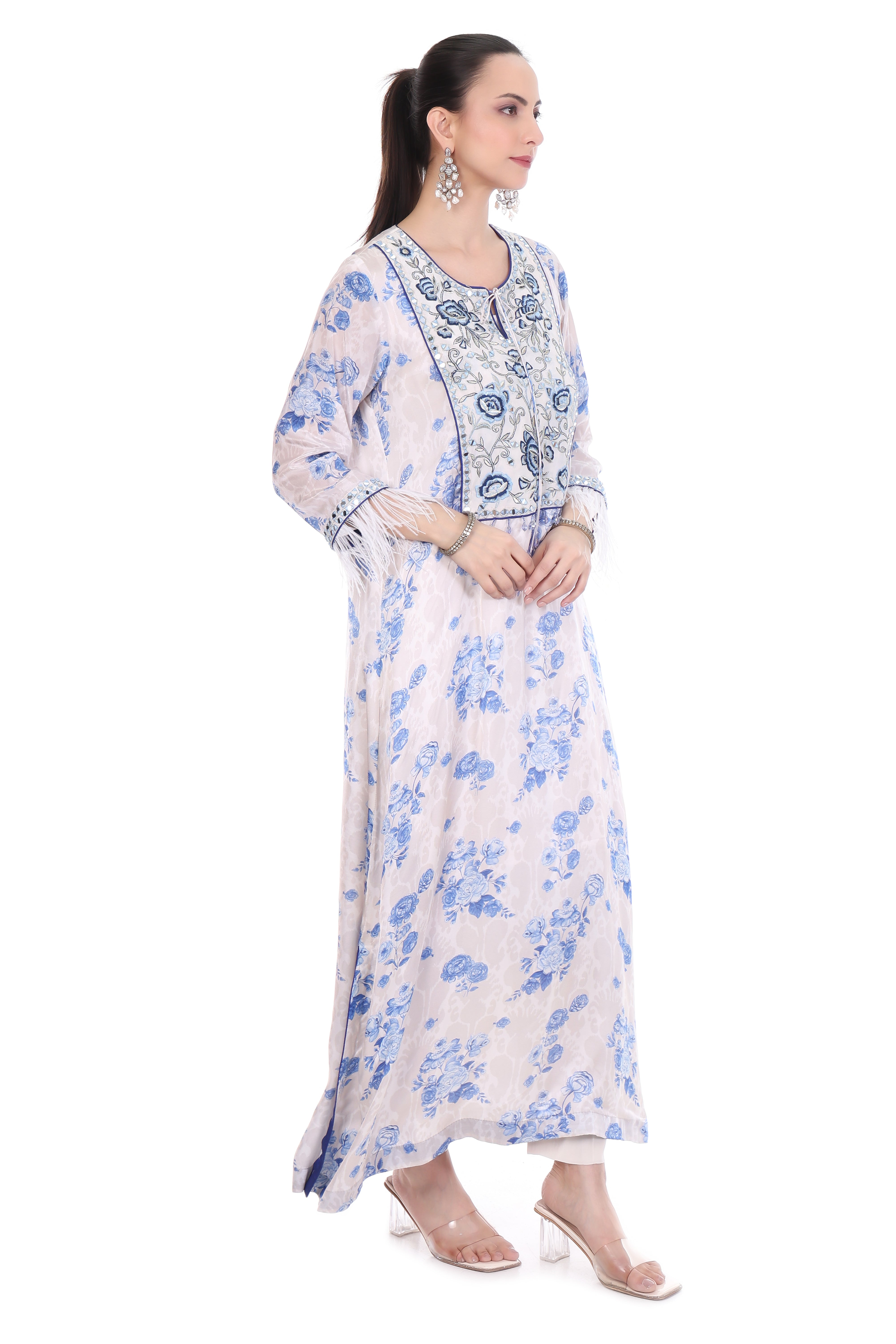 Blue White Floral Printed Embroidered Kaftaan with Pants Set