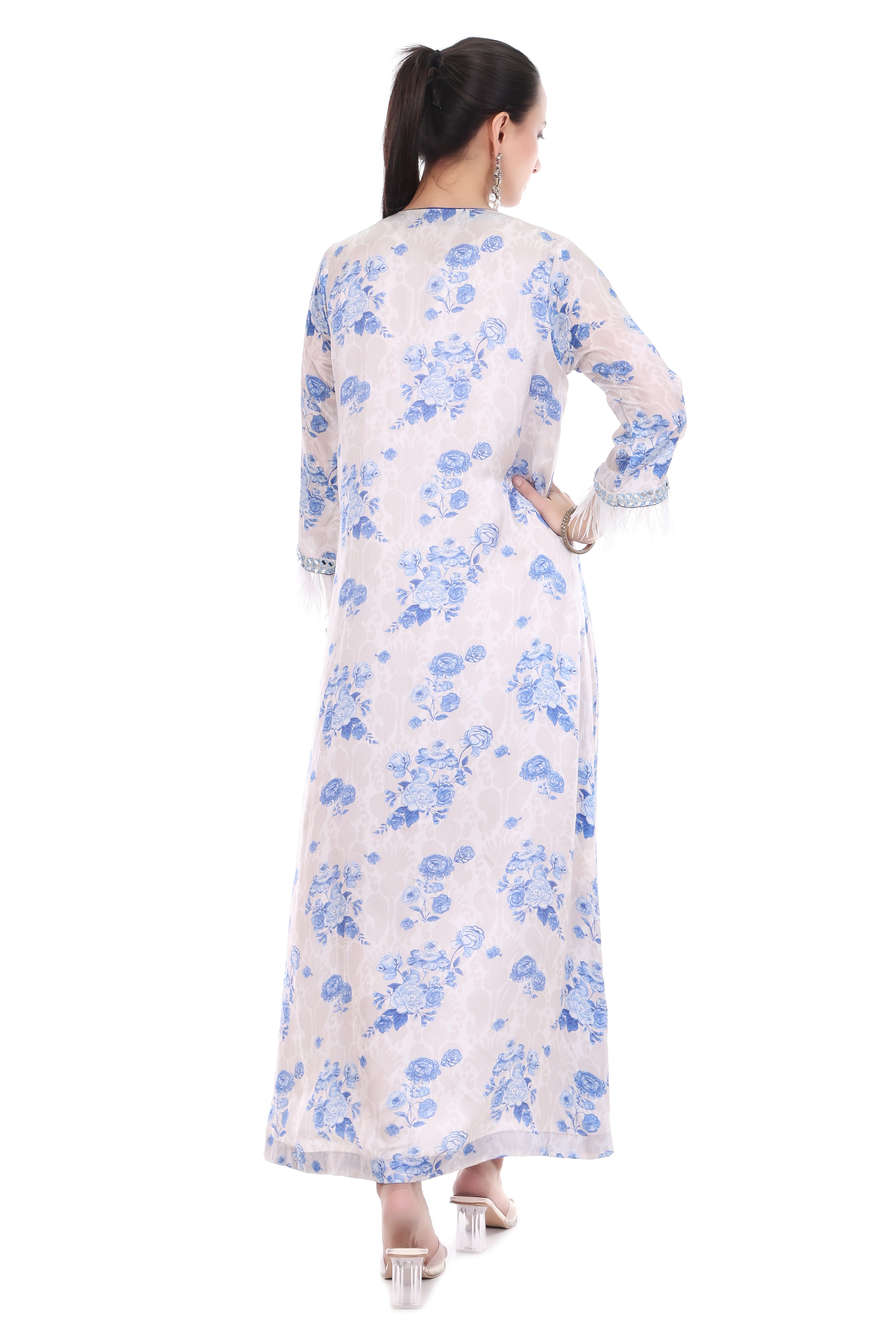 Blue White Floral Printed Embroidered Kaftaan with Pants Set