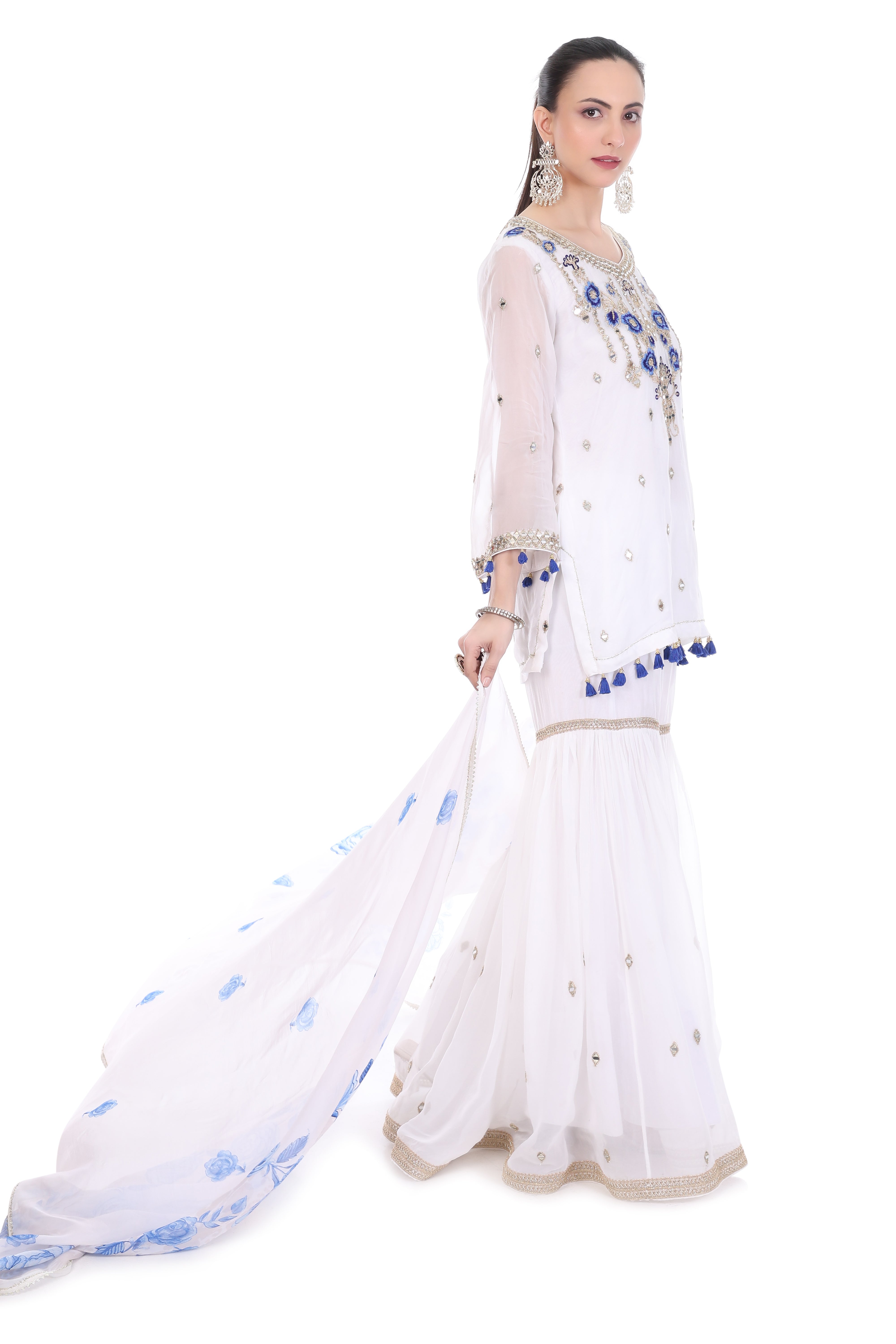 White Short Kurta Mirror Embroidered Sharara & Printed Dupatta
