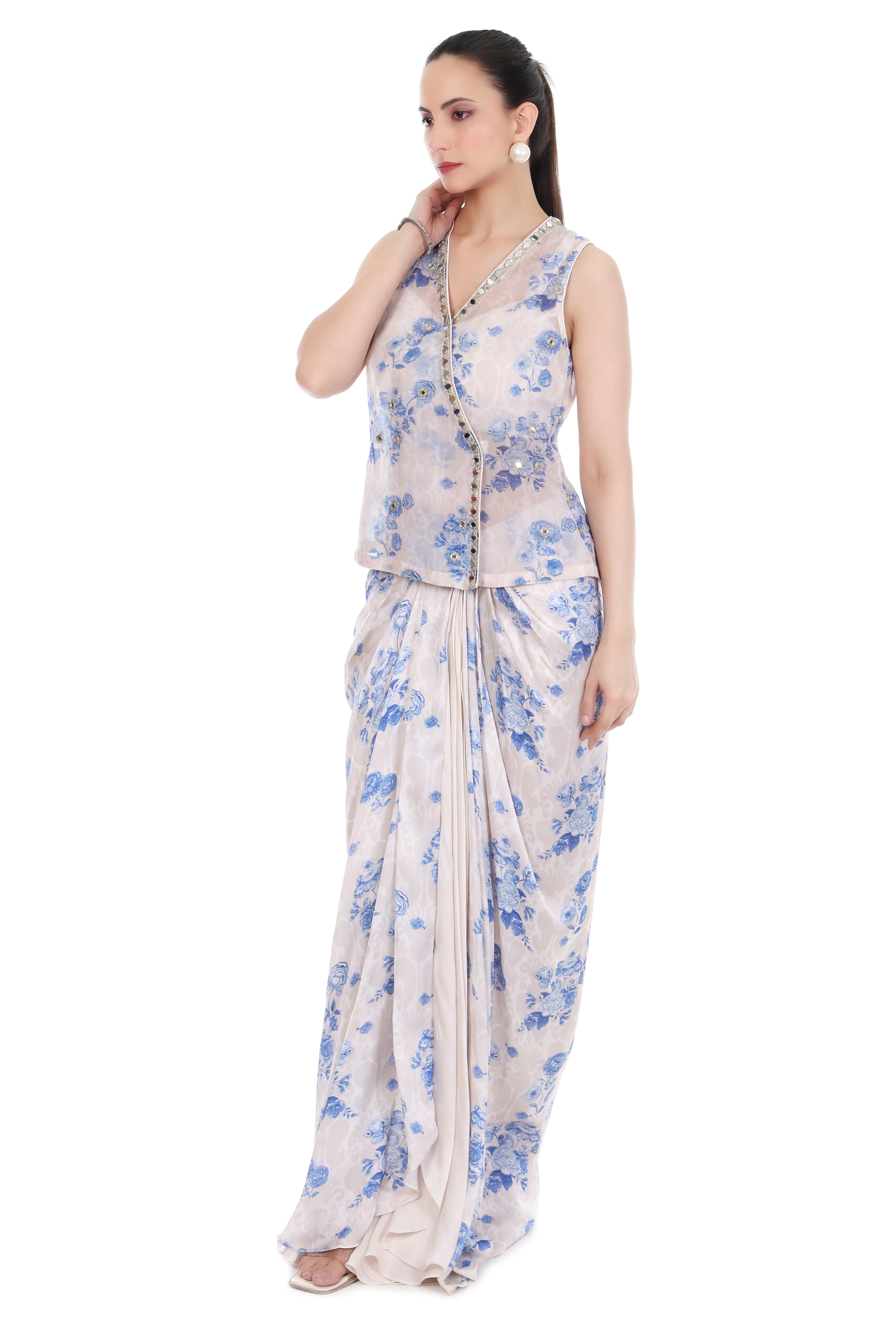 Blue White Sleeveless Jacket with Bustier & Drape Skirt