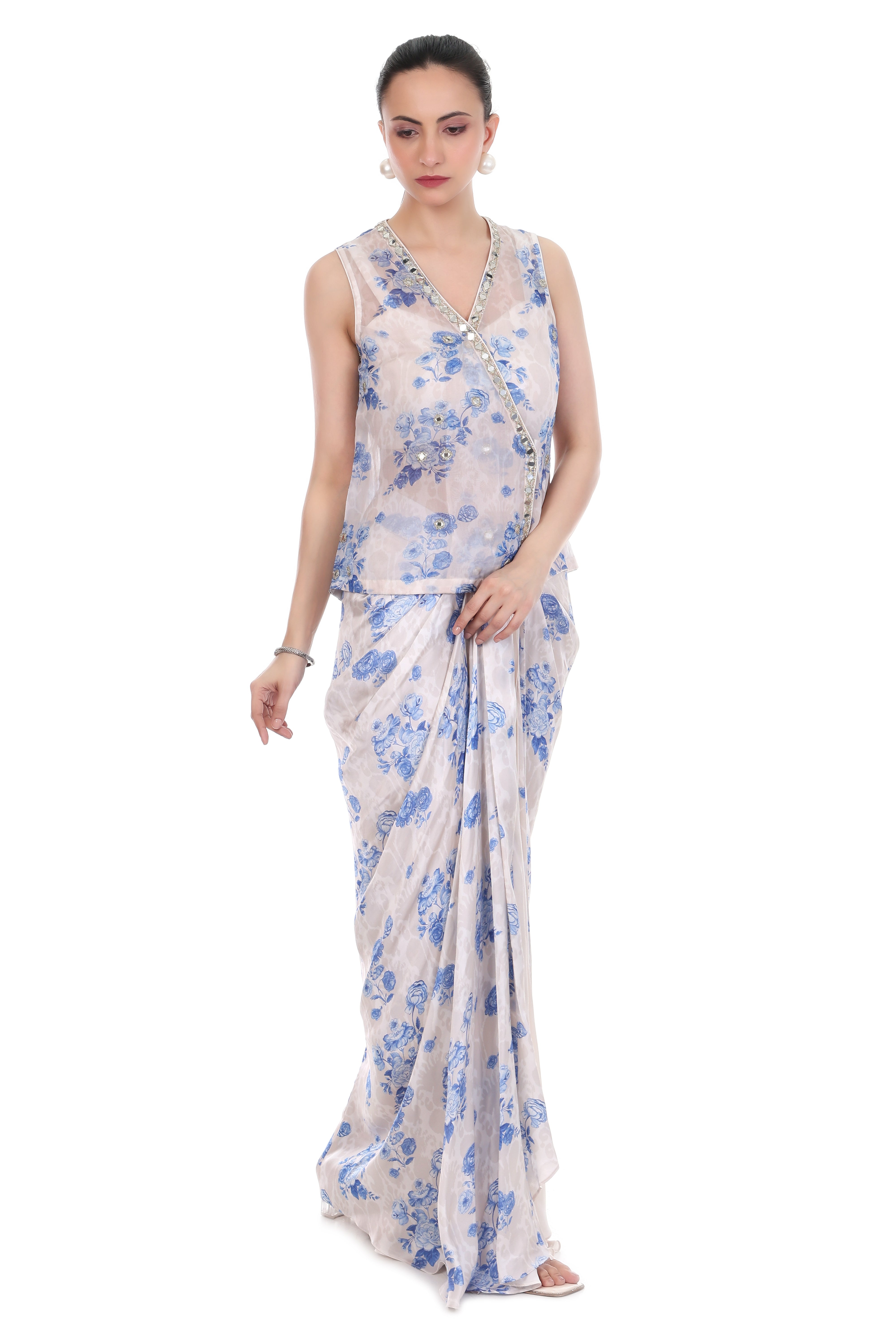 Blue White Sleeveless Jacket with Bustier & Drape Skirt