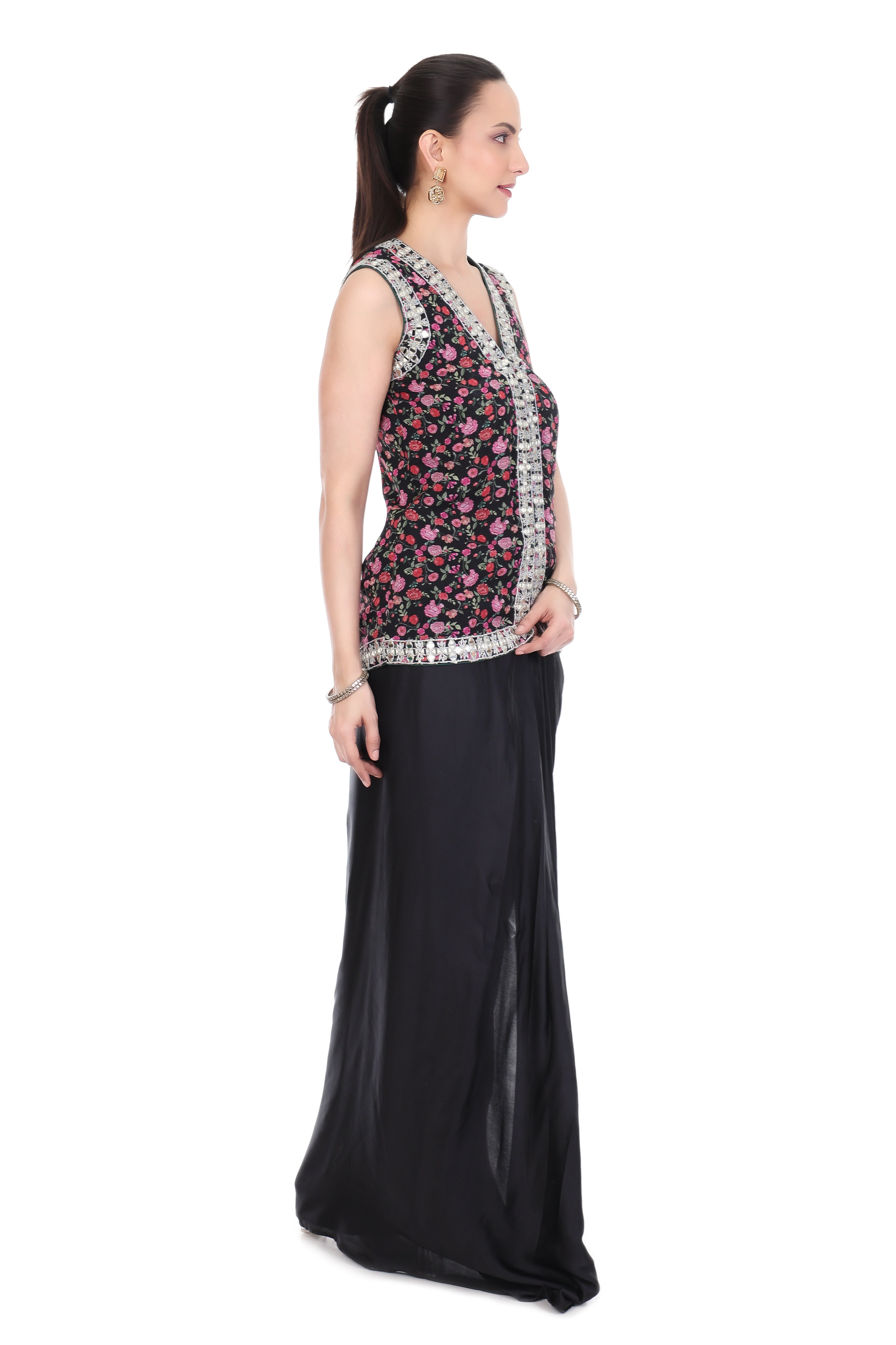 Black Mirror Embroidered Floral Print Jacket with Drape Skirt