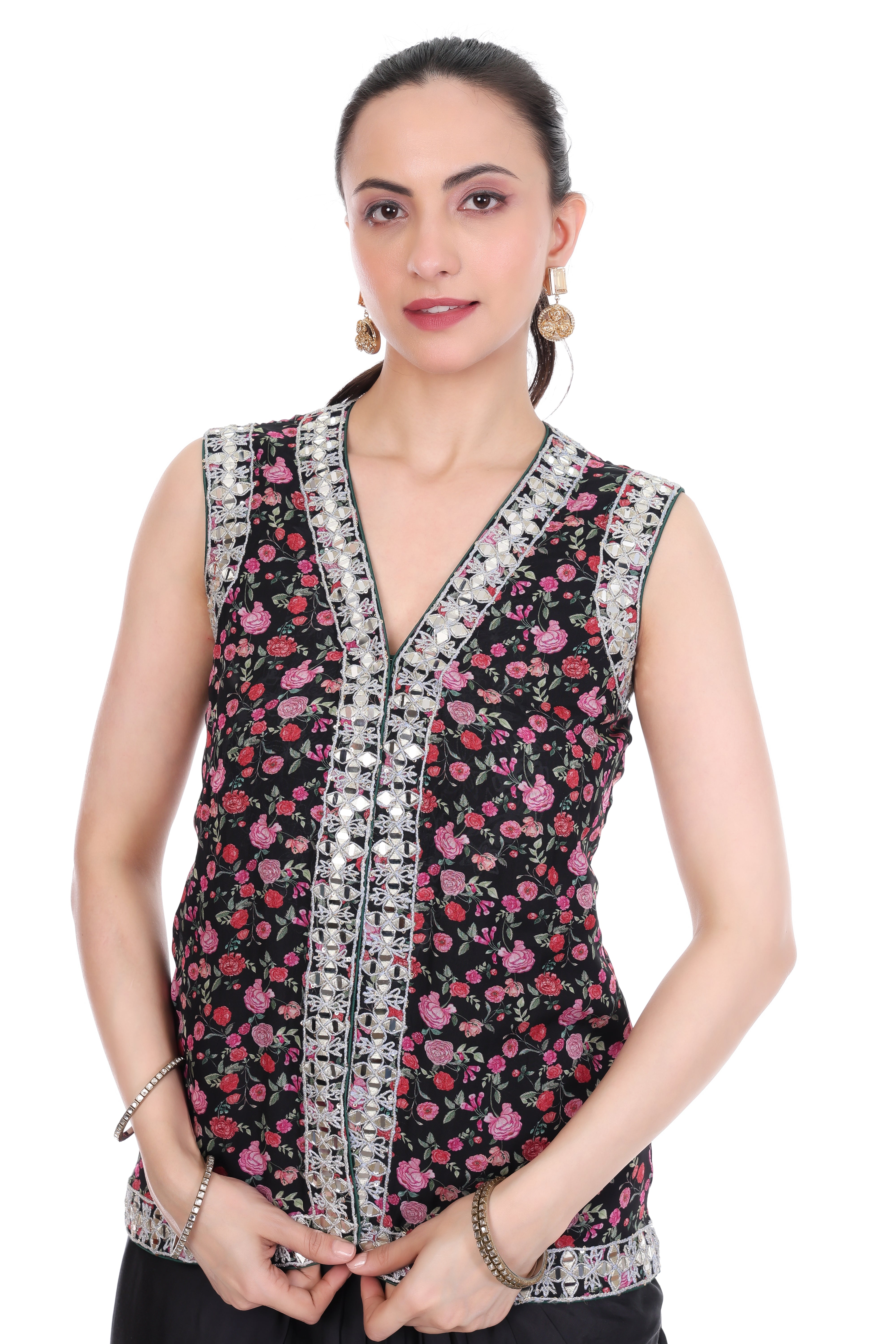 Black Mirror Embroidered Floral Print Jacket with Drape Skirt
