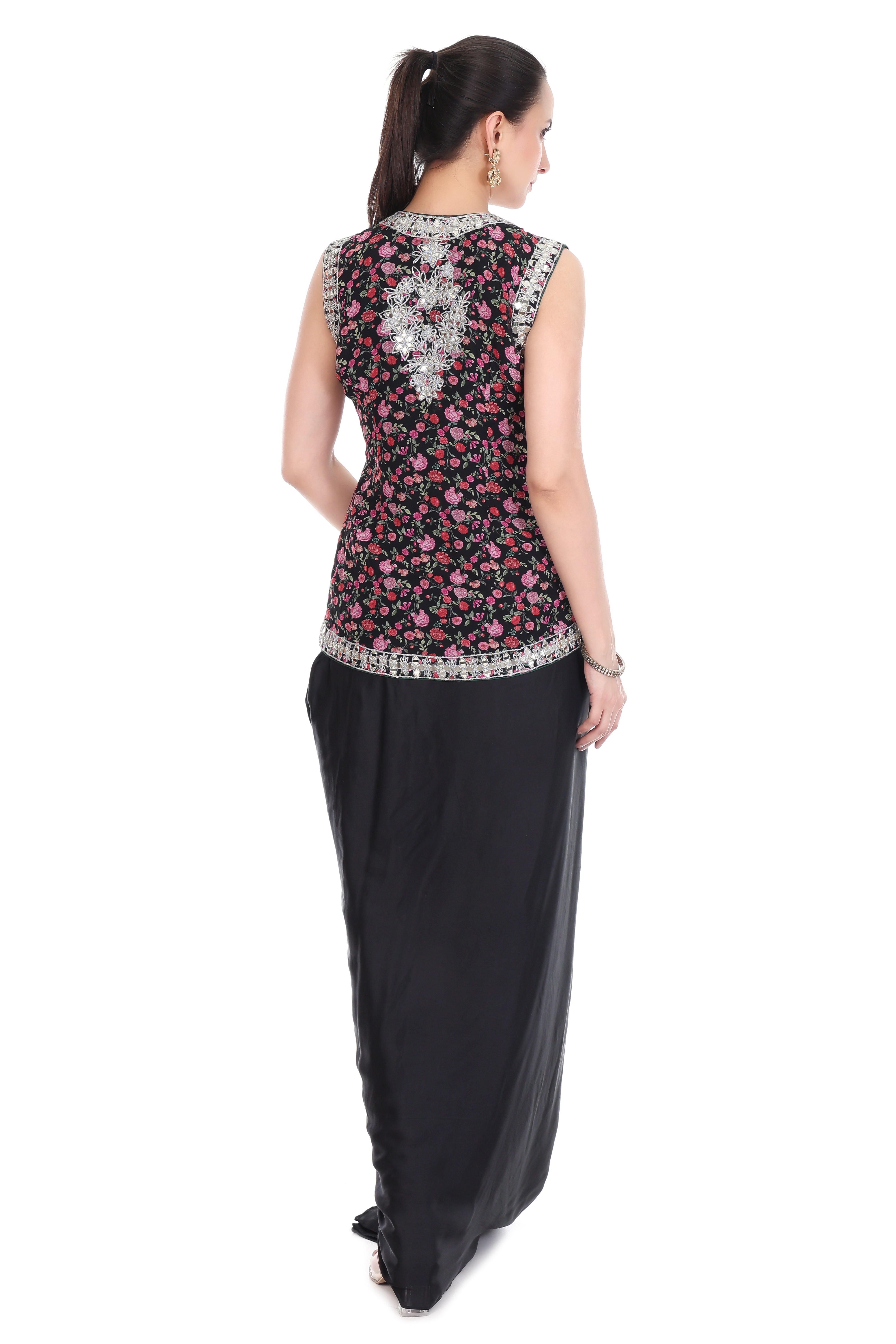 Black Mirror Embroidered Floral Print Jacket with Drape Skirt