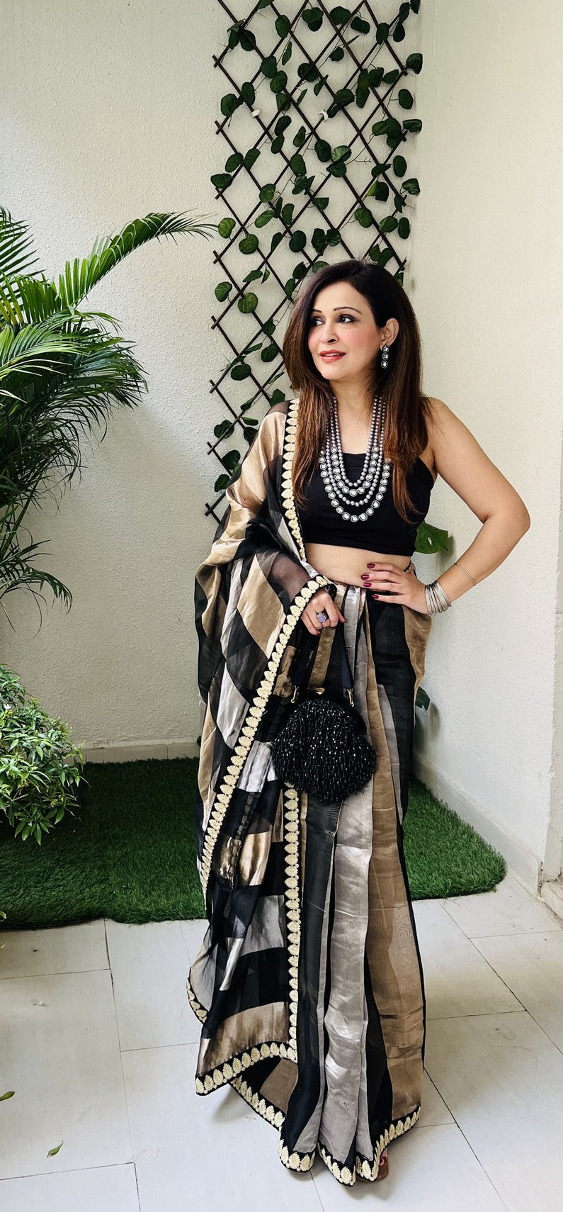 Black Pure Organza Silk Stripe Zari saree