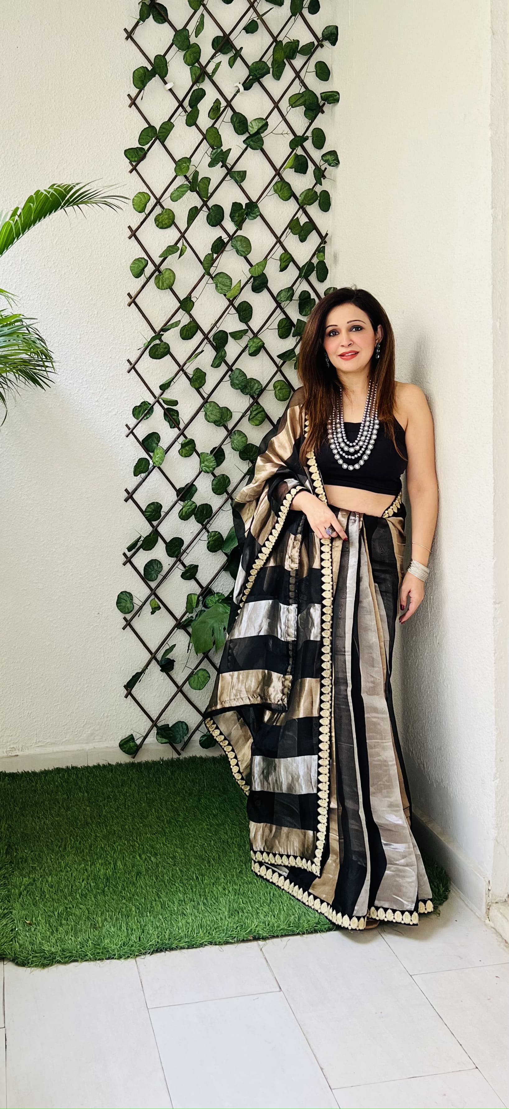 Black Pure Organza Silk Stripe Zari saree