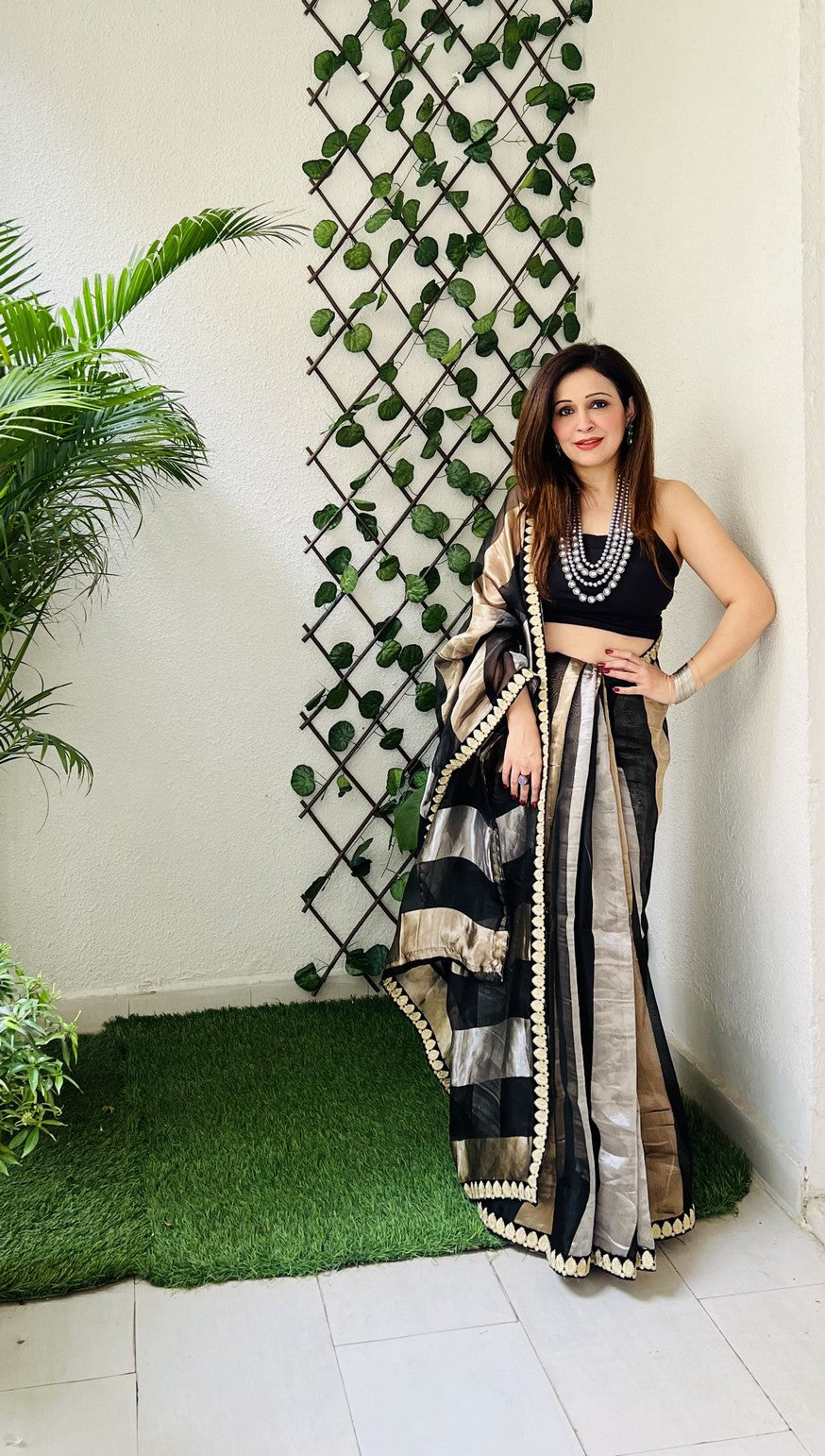 Black Pure Organza Silk Stripe Zari saree