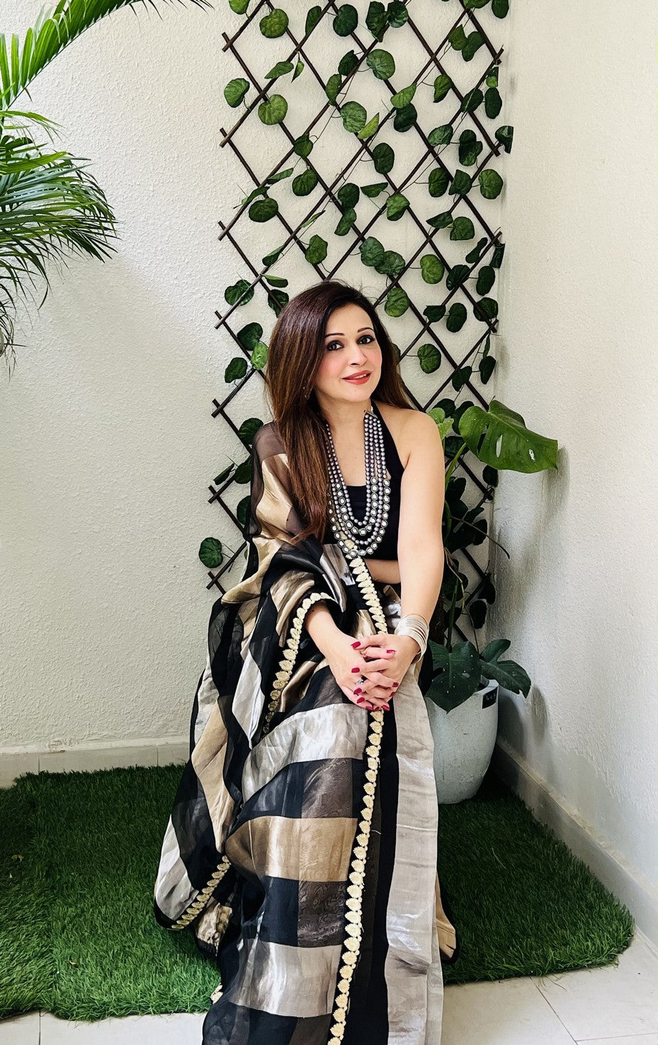 Black Pure Organza Silk Stripe Zari saree