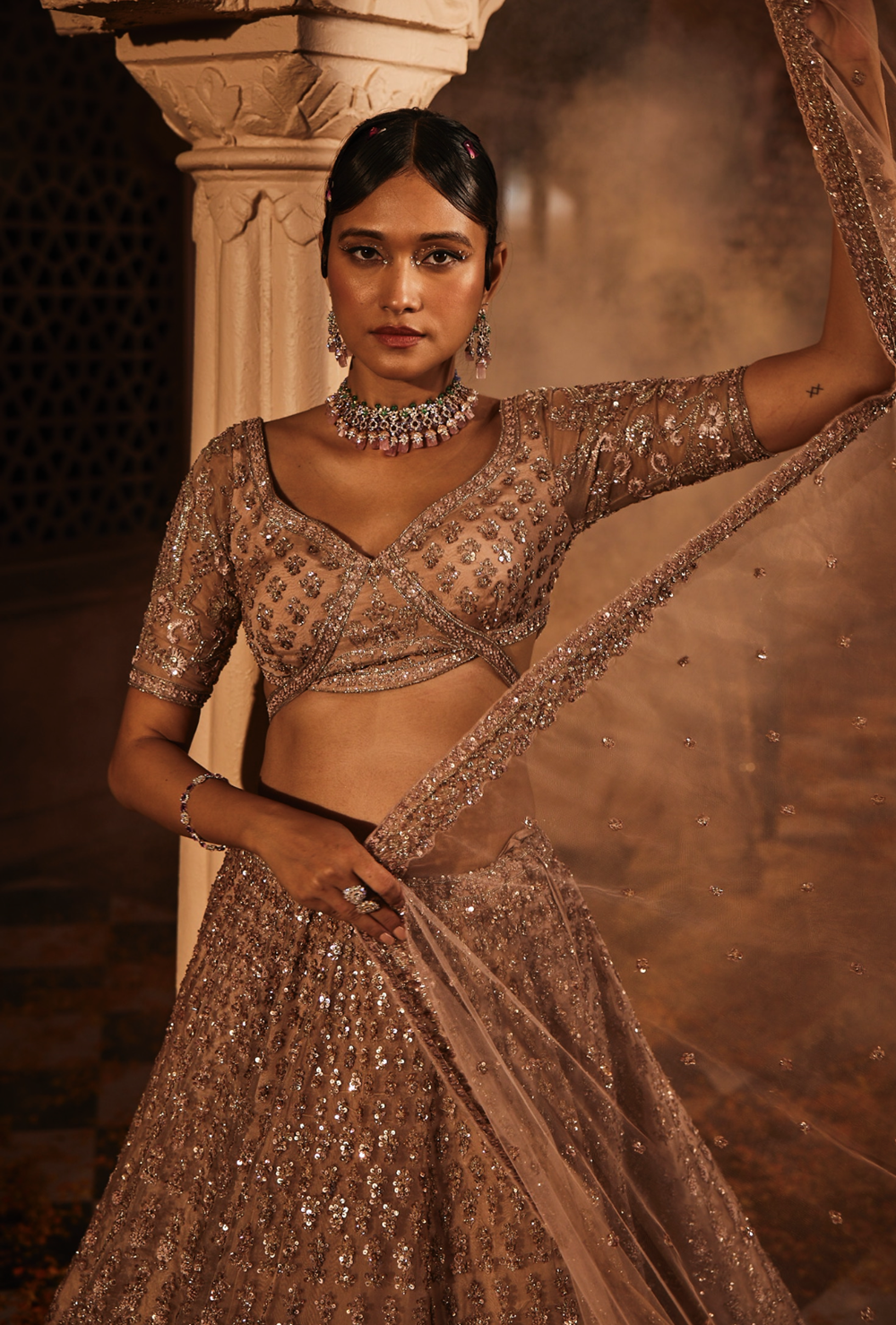 Dust peach organza lehenga