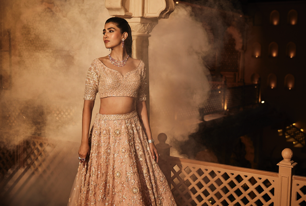 Peach heavily embroidered lehenga