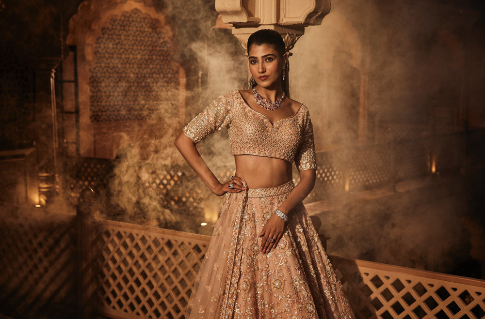 Peach heavily embroidered lehenga