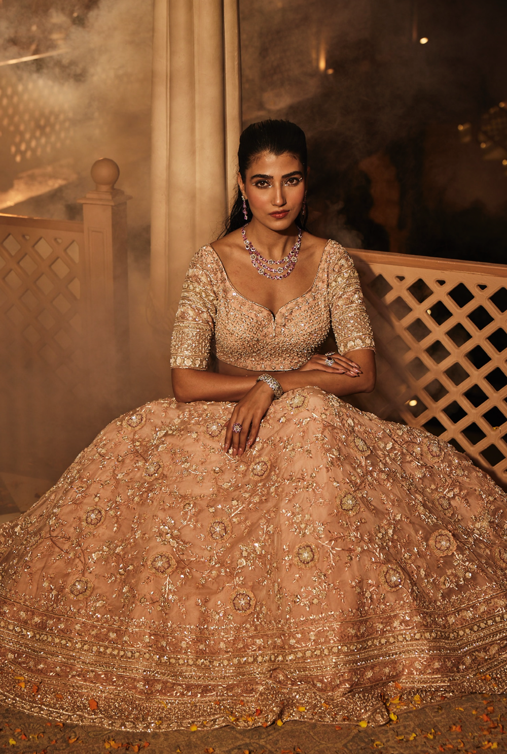 Peach heavily embroidered lehenga