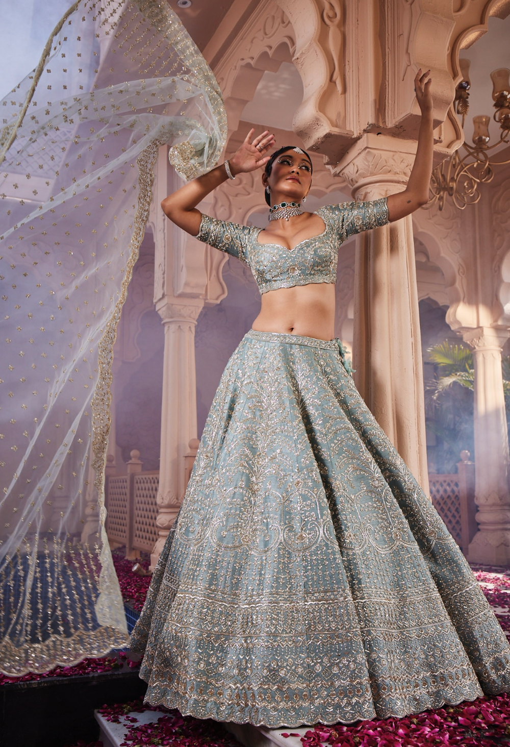 Dusty firoza heavily hand embroidered lehenga