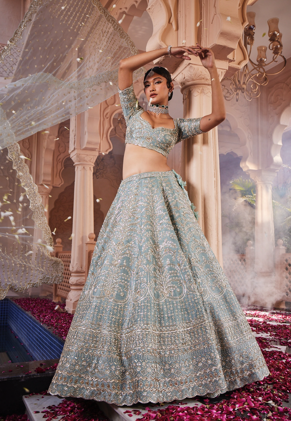 Dusty firoza heavily hand embroidered lehenga