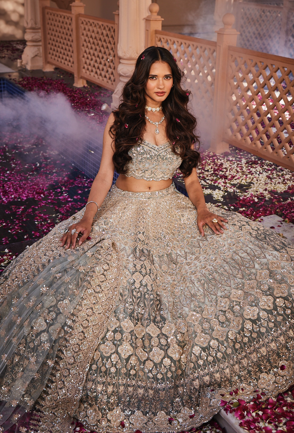Dusty firoza velvet embroidered lehenga