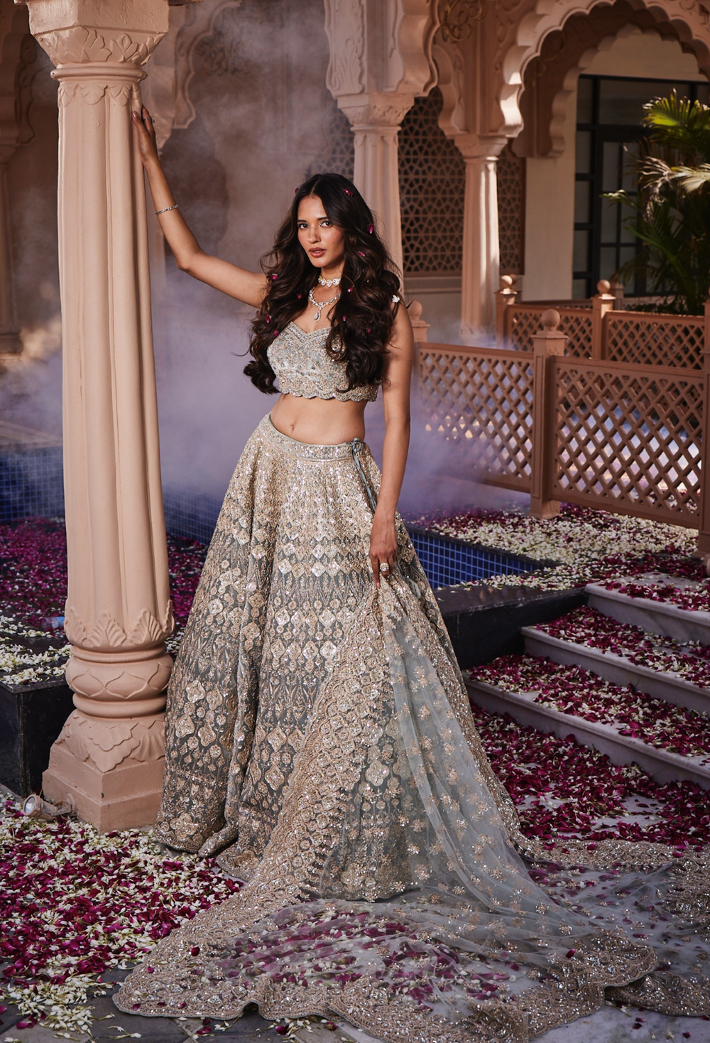 Dusty firoza velvet embroidered lehenga