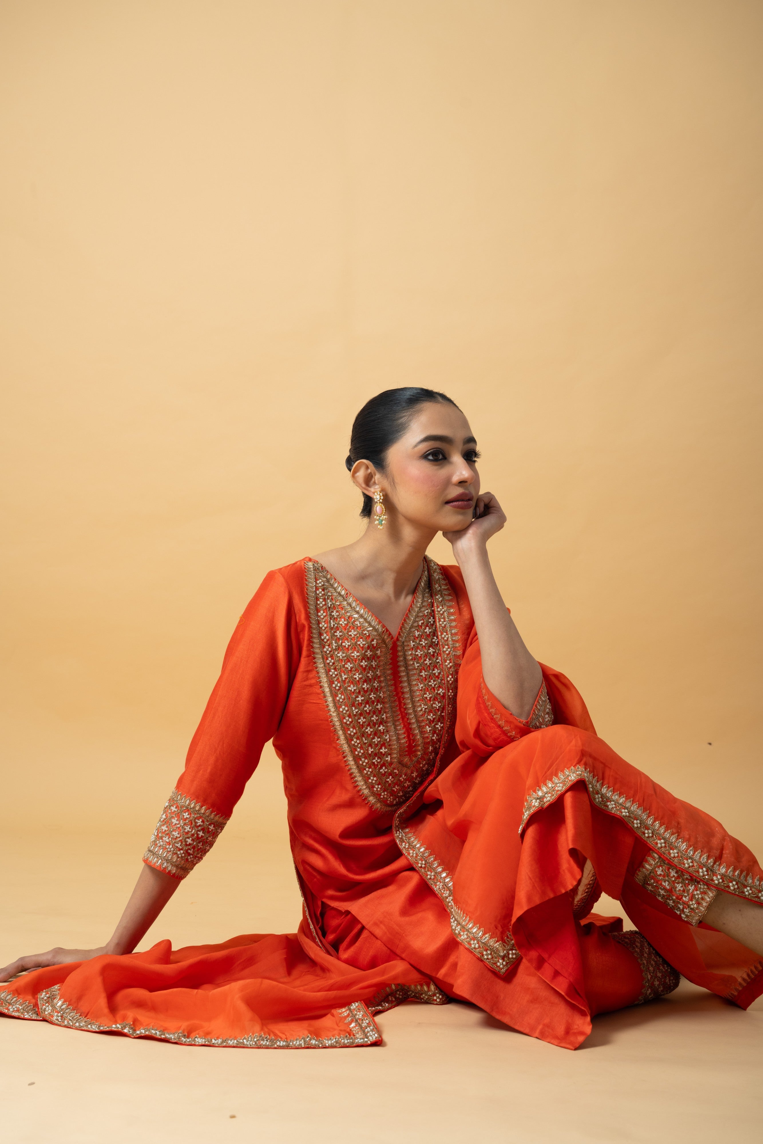 Orange Chanderi Silk Kurta Set with Hand Embroidery