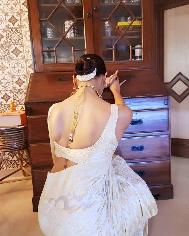 Cream Pure Khaddi georgette Banarasi handloom Saree