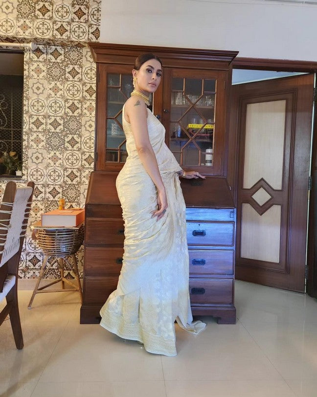 Cream Pure Khaddi georgette Banarasi handloom Saree