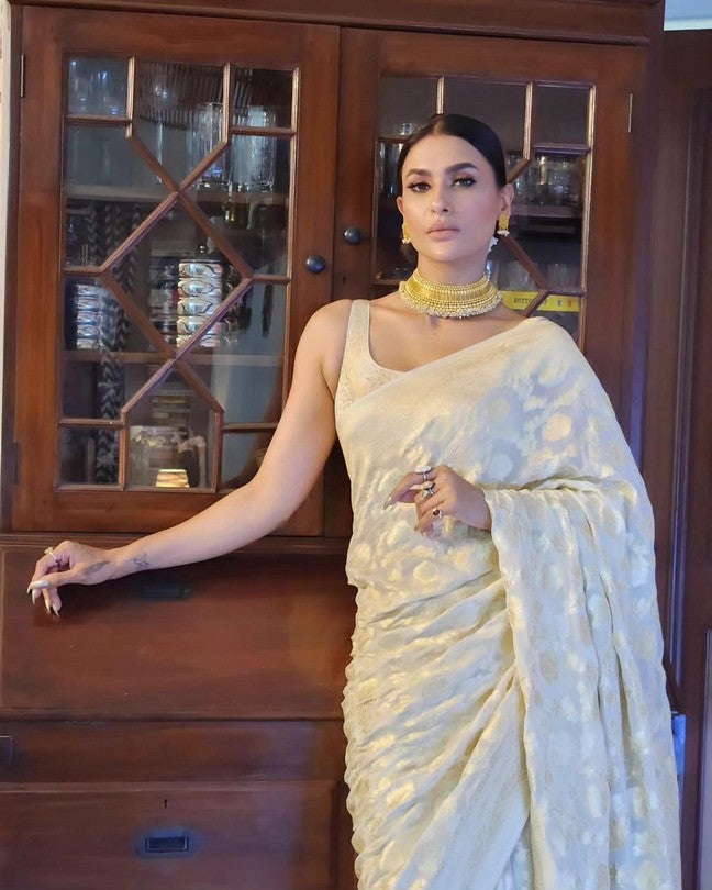 Cream Pure Khaddi georgette Banarasi handloom Saree