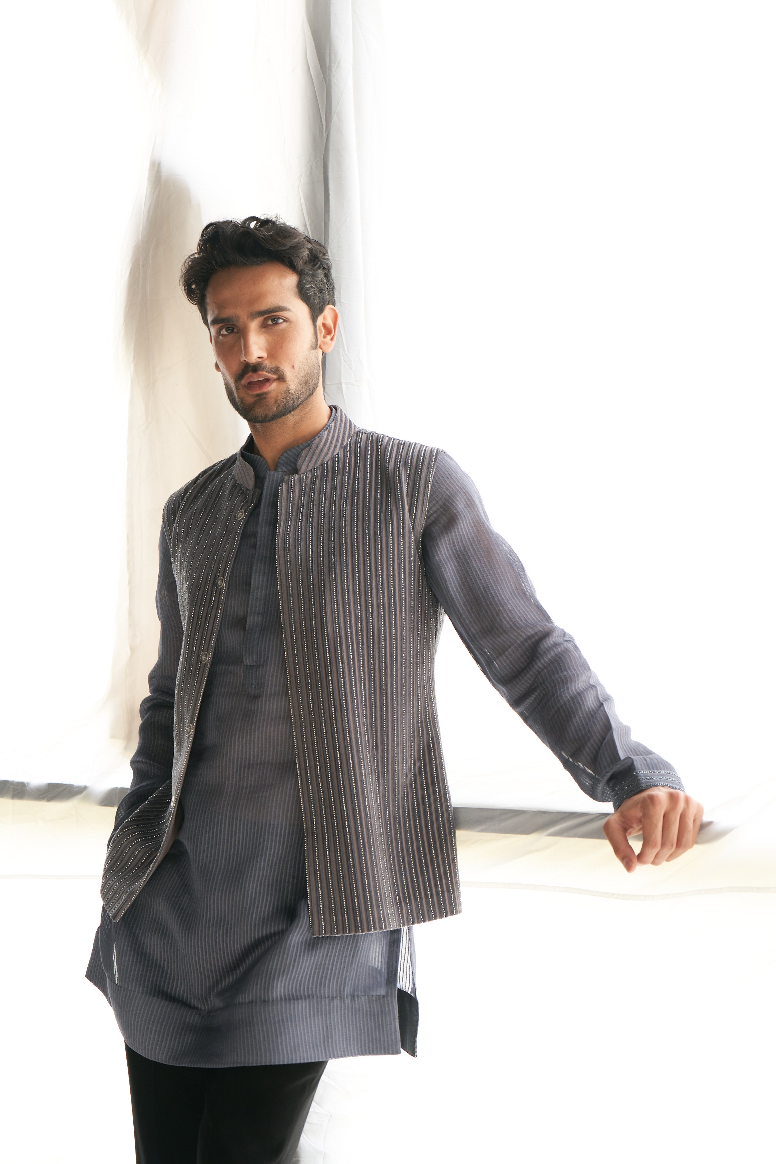 Grey velvet cutdana nehru