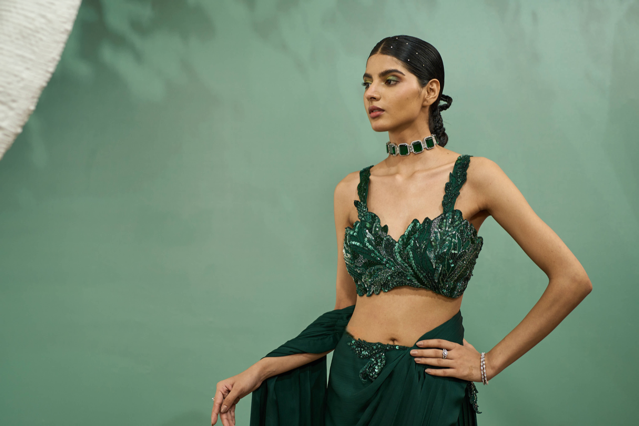 Emarald Green Cutwork Drape Saree Set