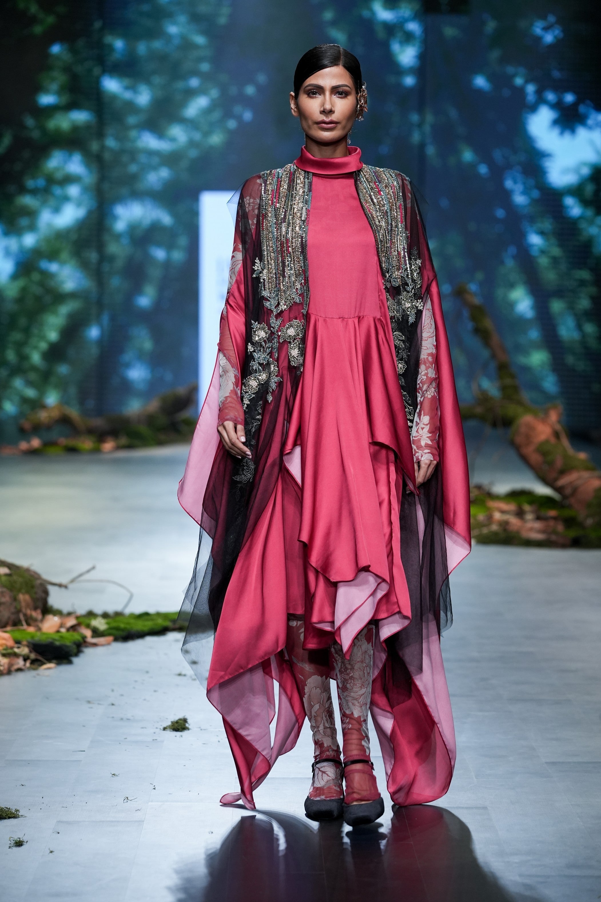 Red Printed Dress With Black Cape Set