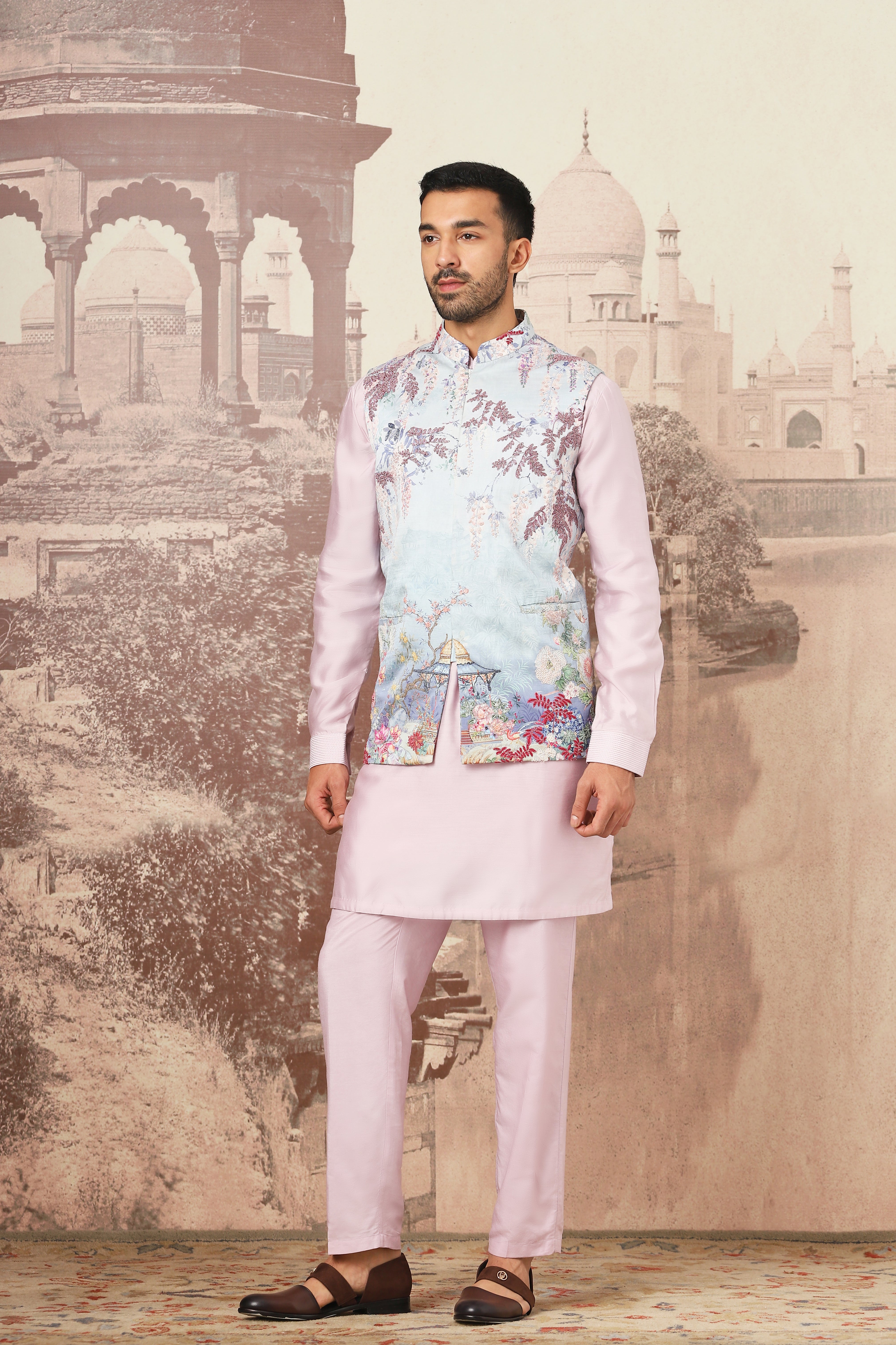 Floral Meadow Embroidered Kurta Bundi Set