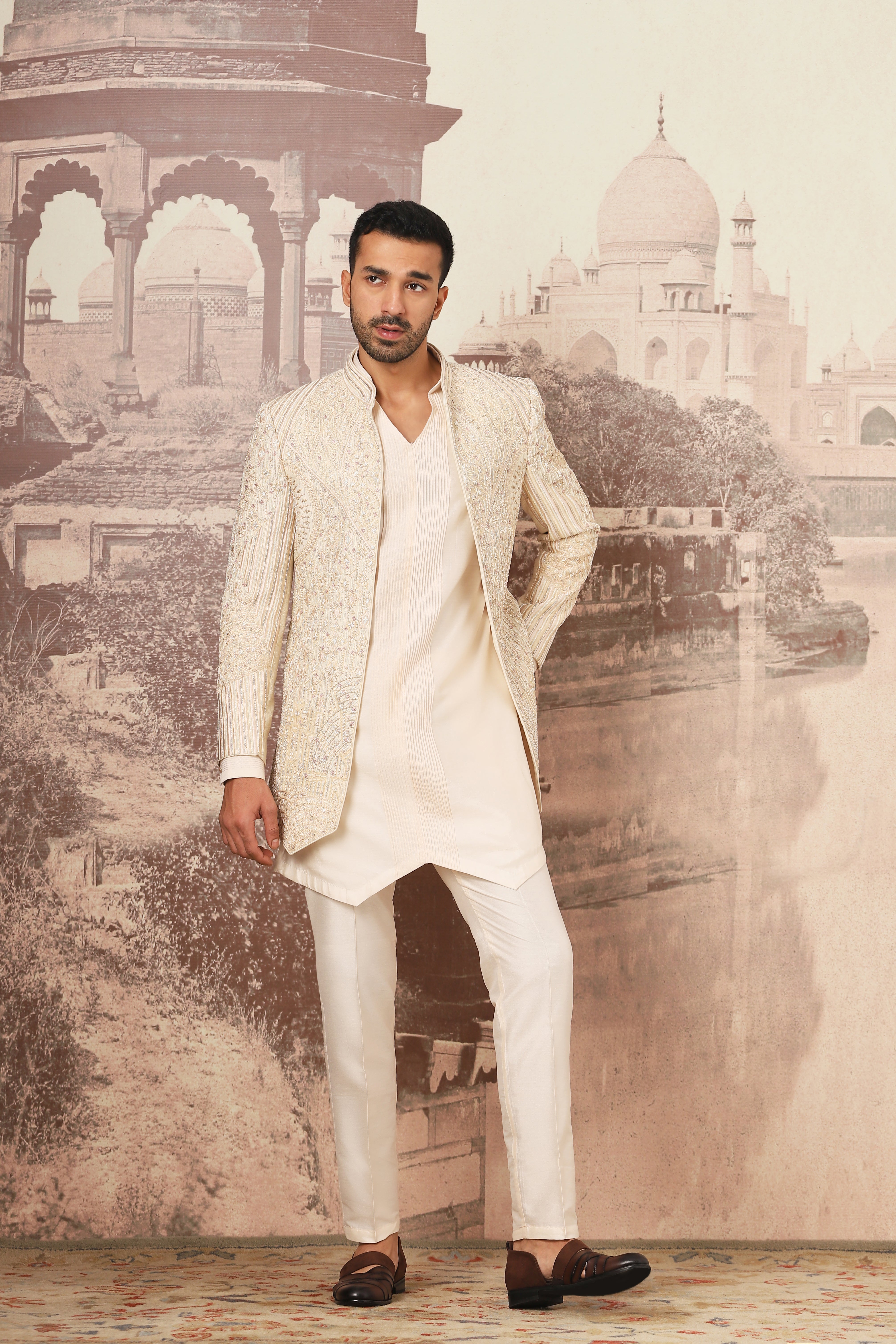 Ivory Heritage Open Embroidered Indowestern Set