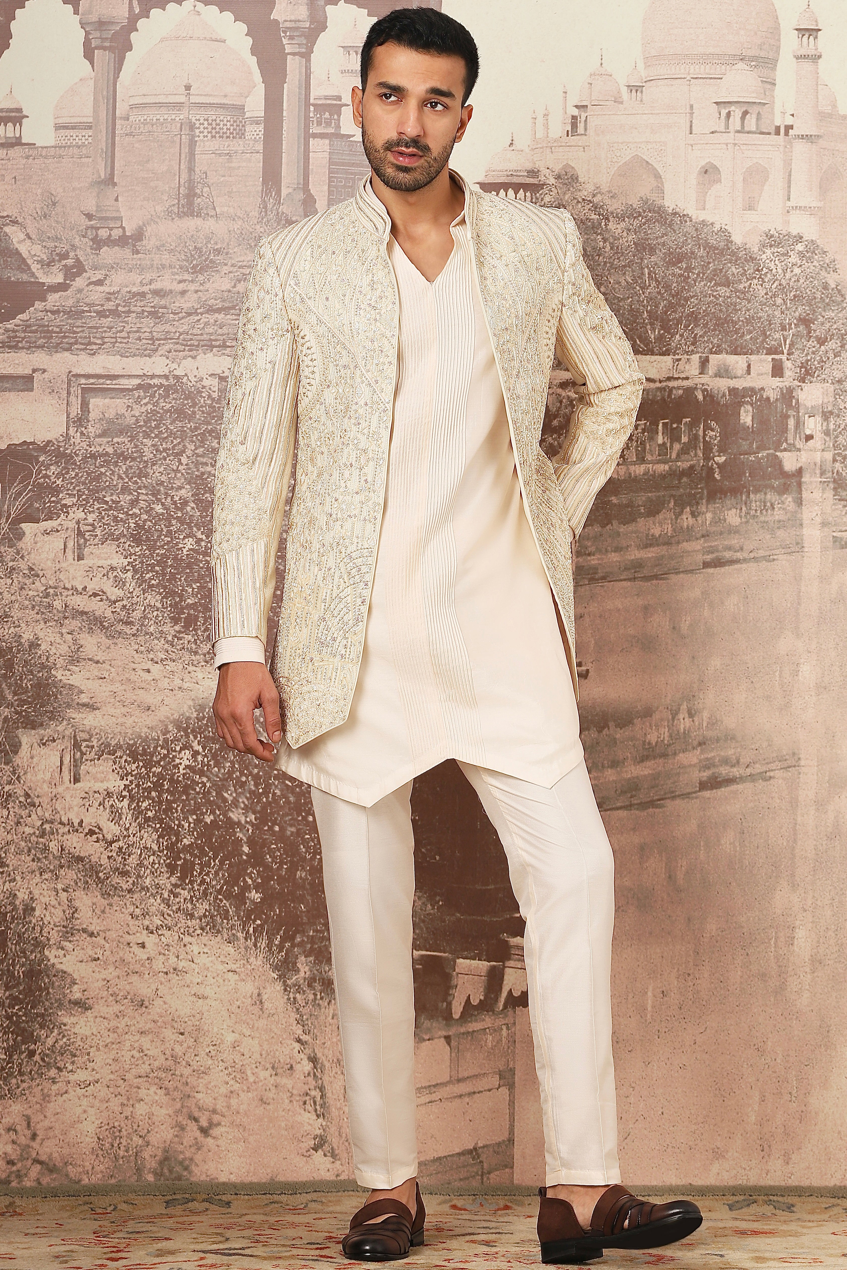 Ivory Heritage Open Embroidered Indowestern Set