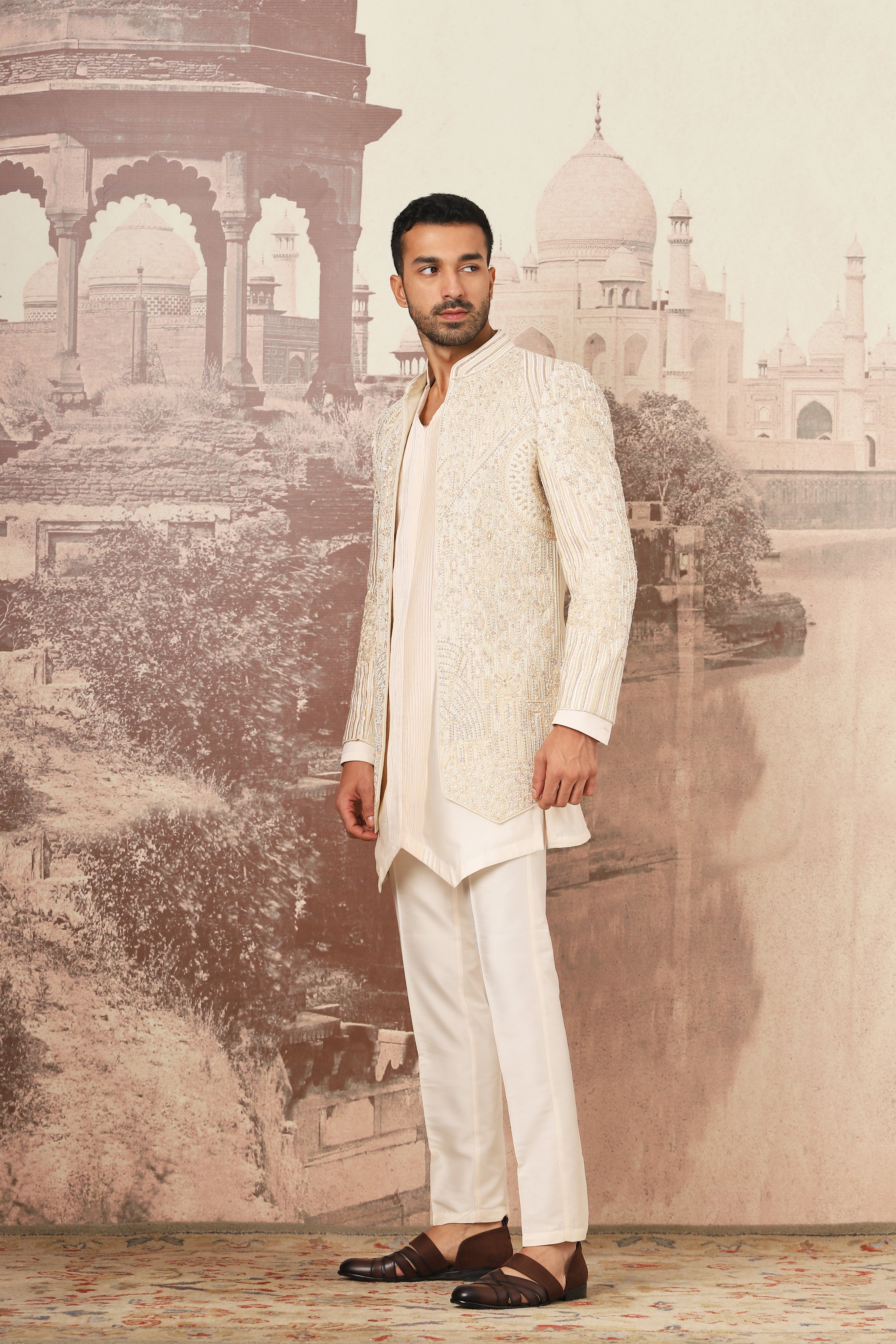 Ivory Heritage Open Embroidered Indowestern Set