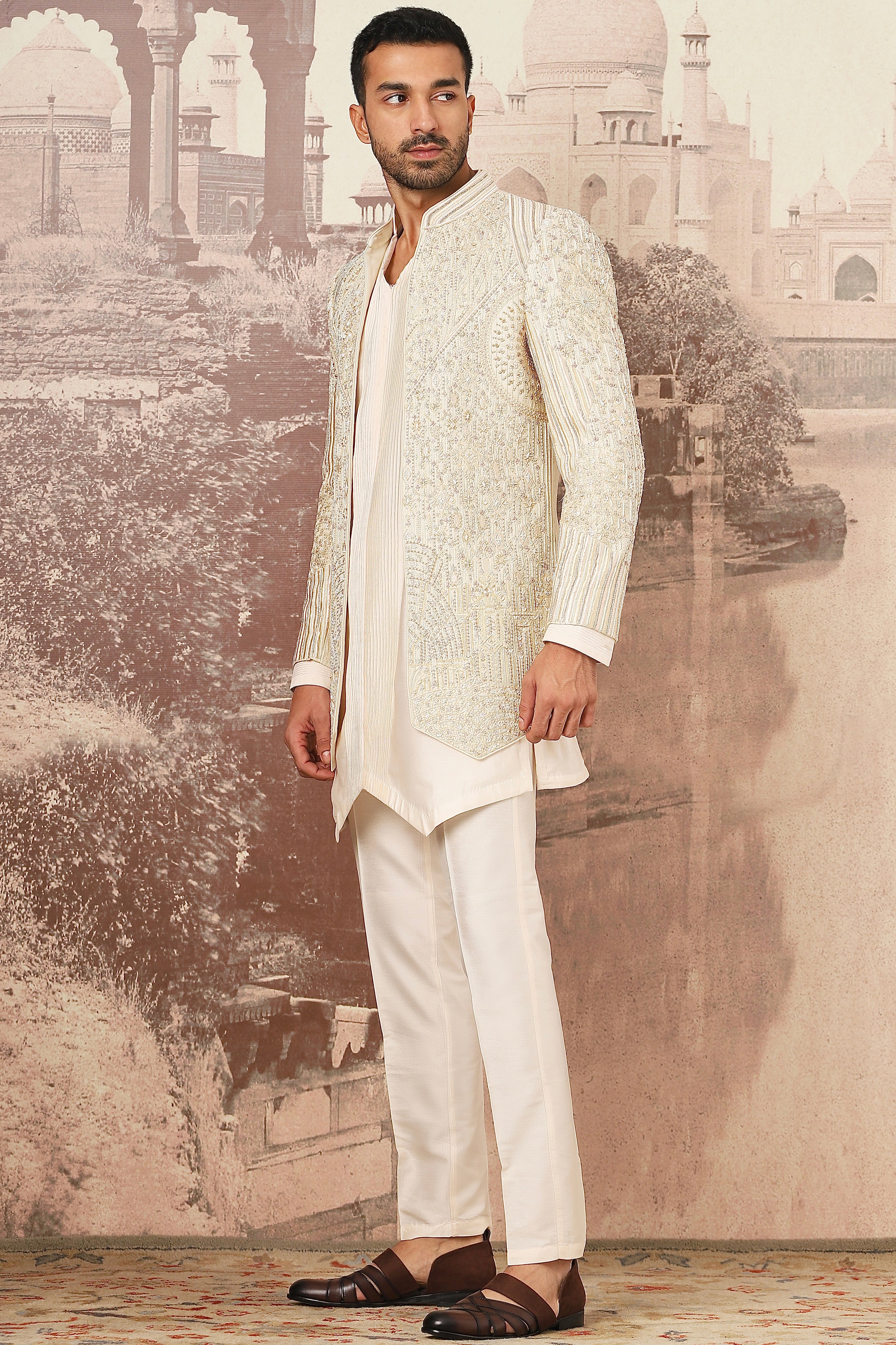 Ivory Heritage Open Embroidered Indowestern Set