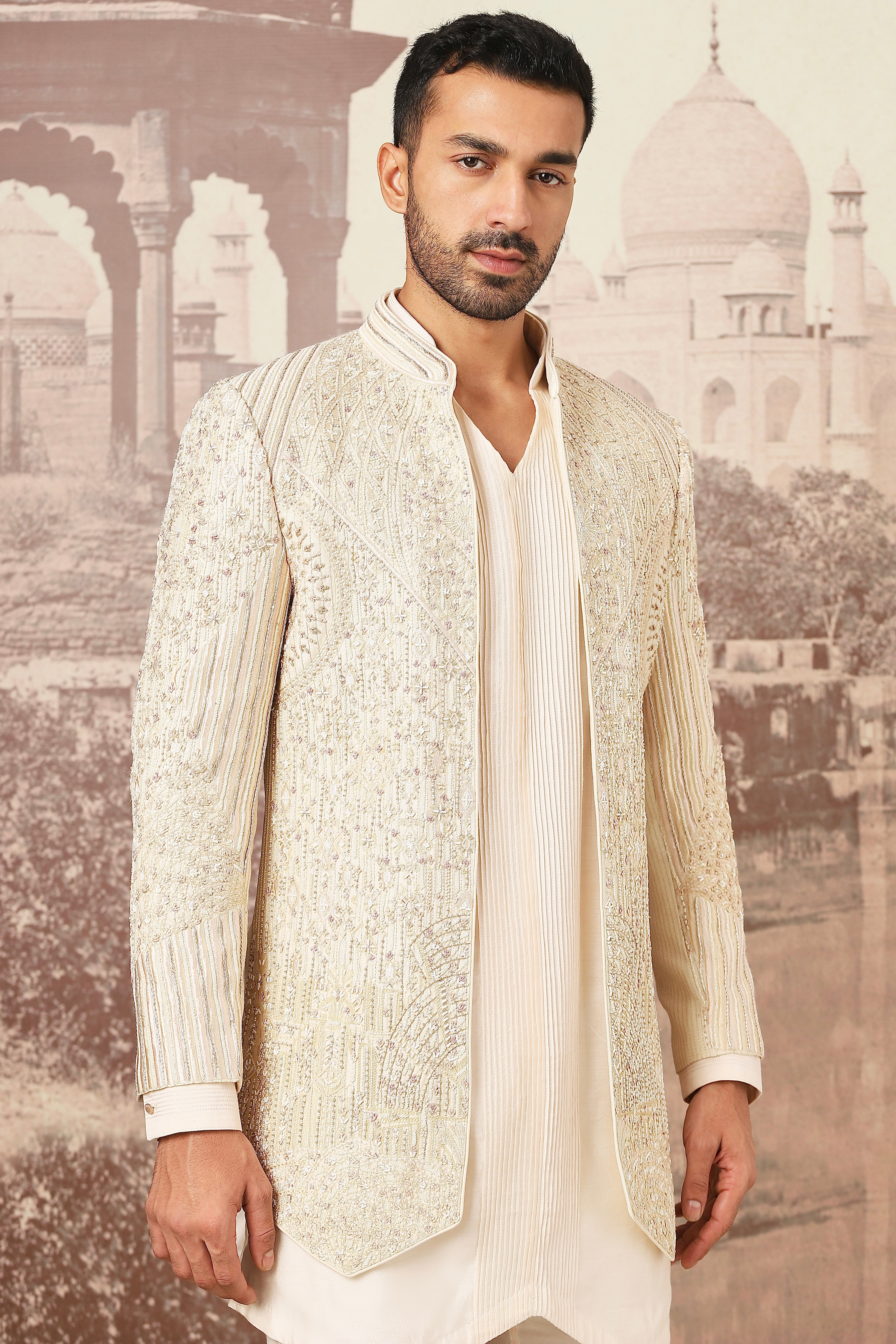Ivory Heritage Open Embroidered Indowestern Set