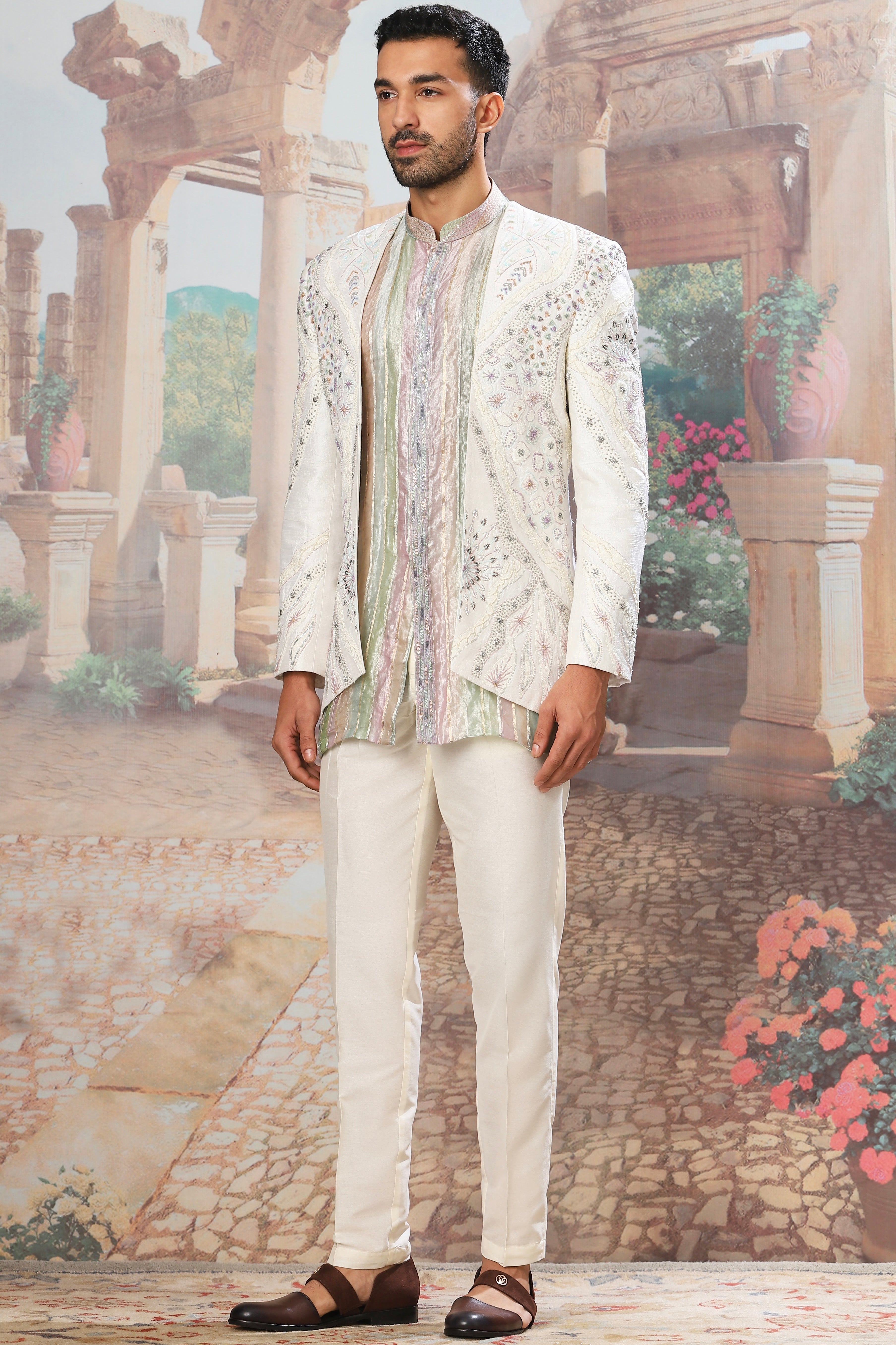 Nawabi Gold Open Embroidered Indowestern Set