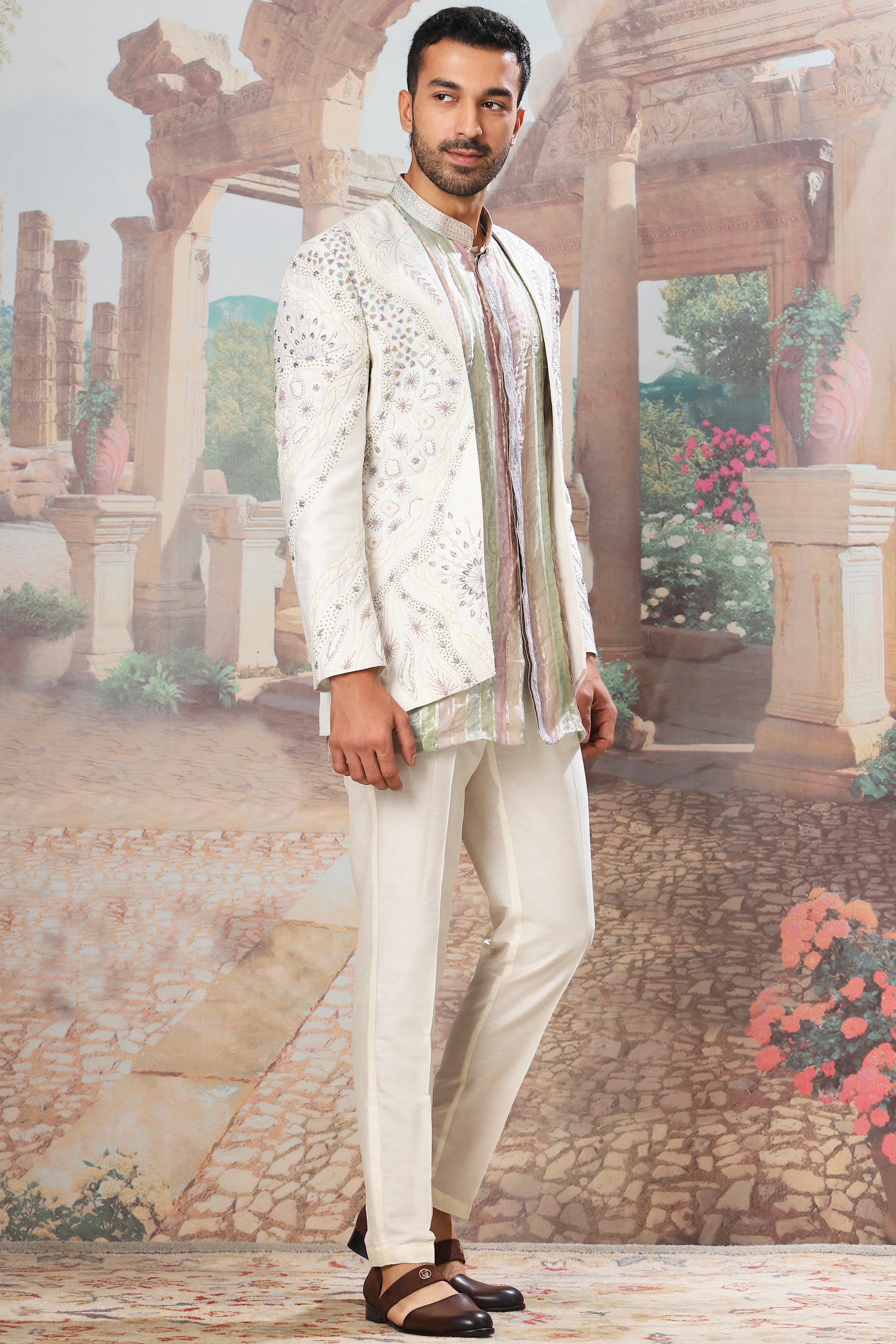 Nawabi Gold Open Embroidered Indowestern Set