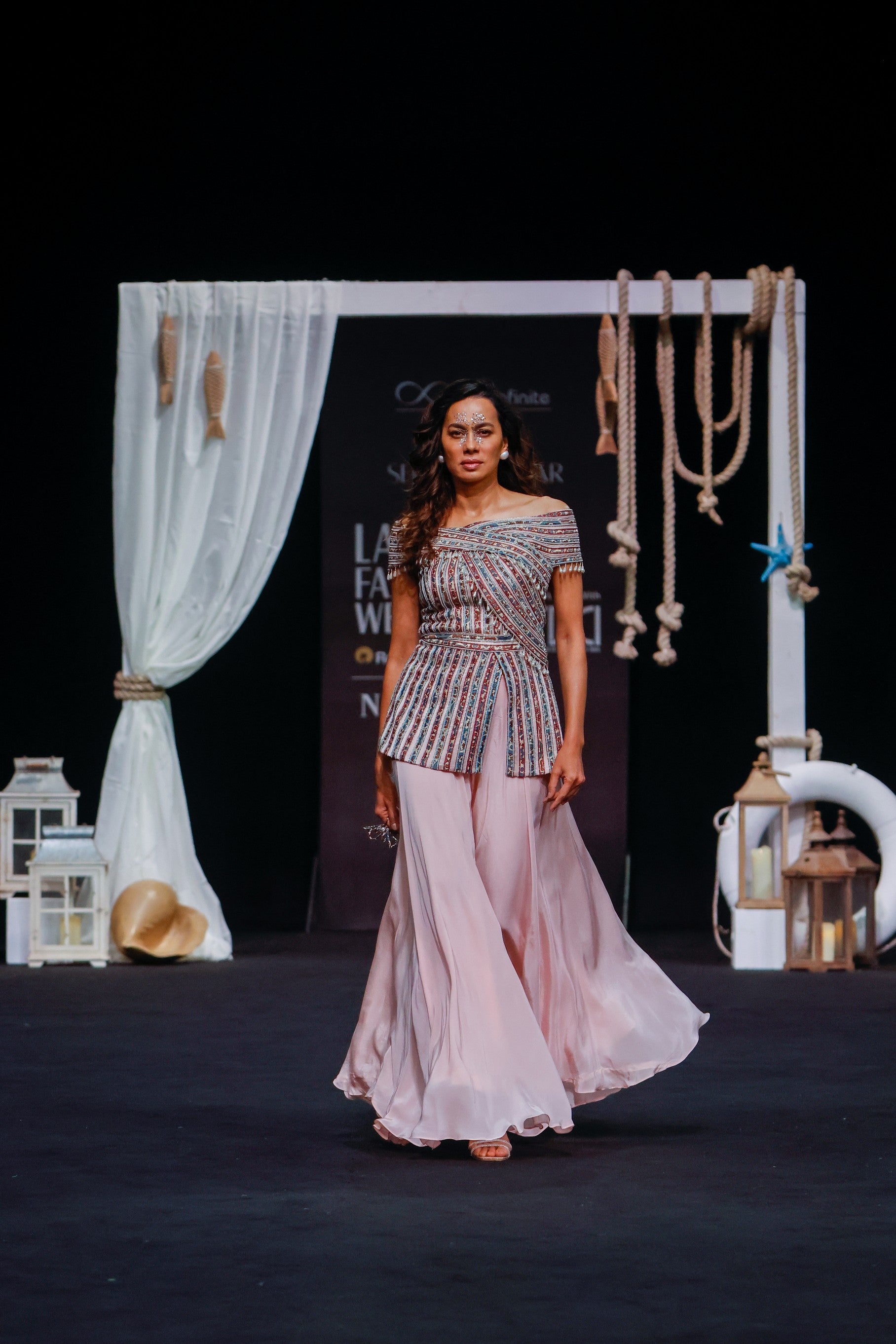 Peacy Pink Off shoulder stripwork peplum top with Flare pants