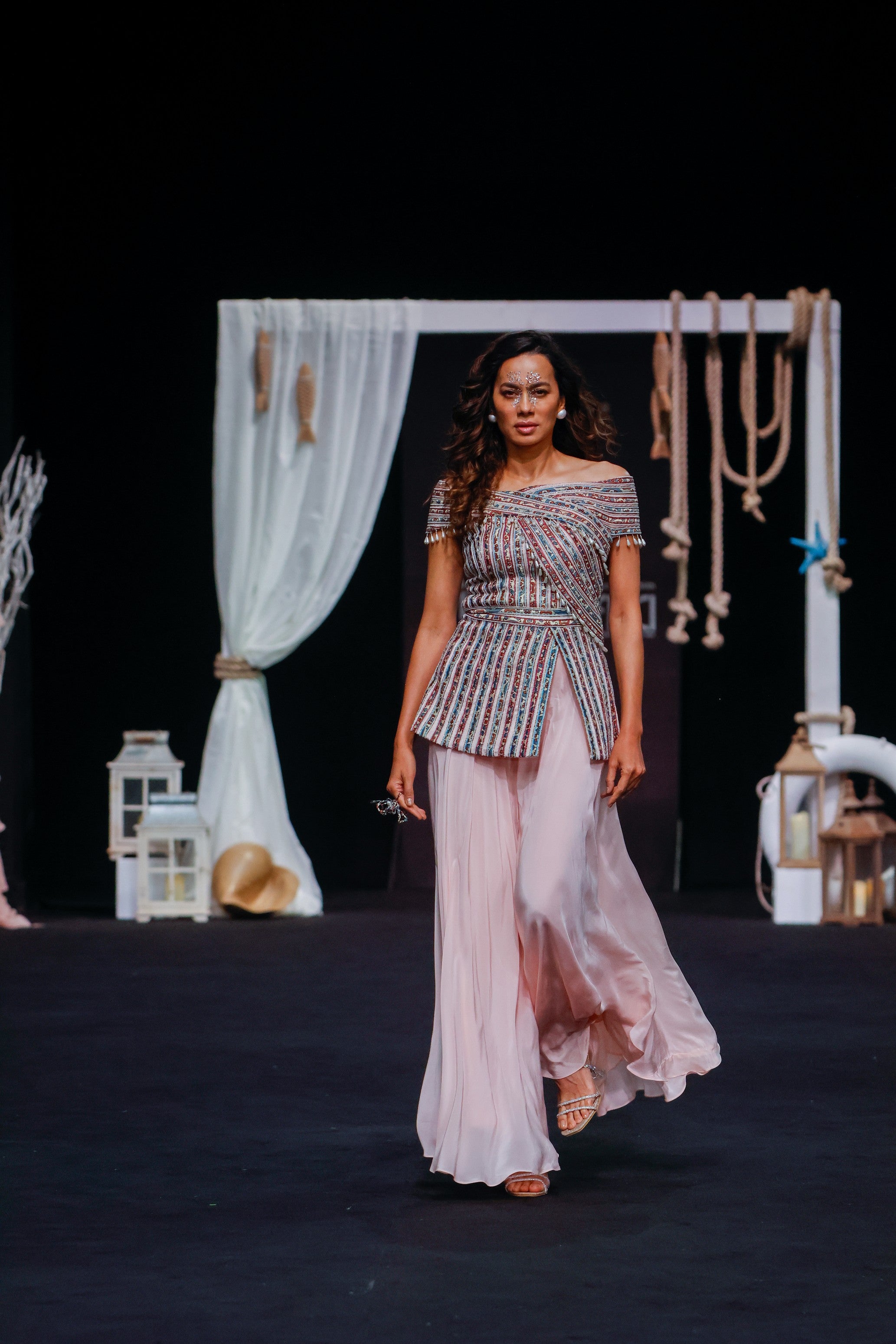 Peacy Pink Off shoulder stripwork peplum top with Flare pants