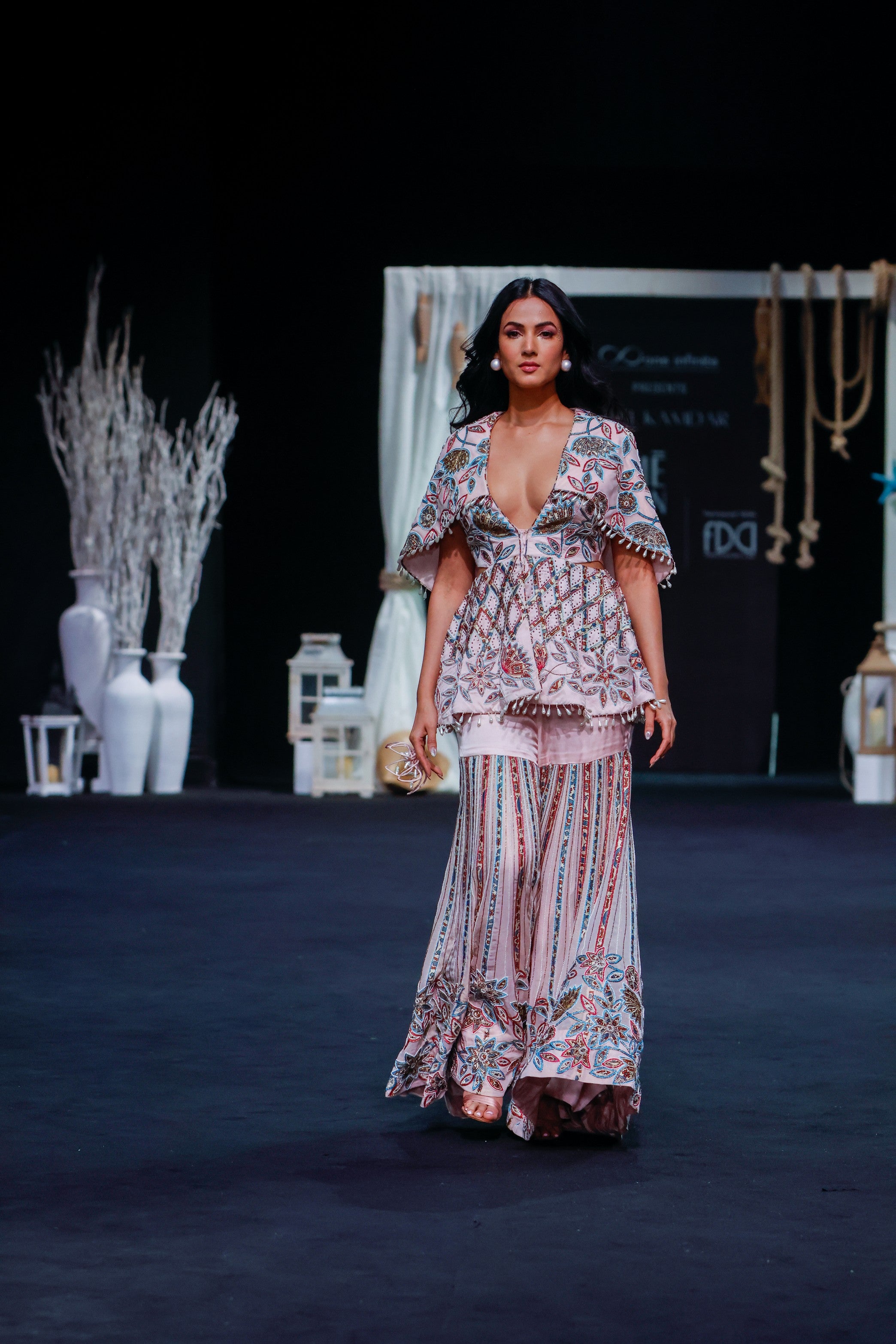 Peachy pink fully handcrafted capelet peplum jacket with Embellished sharara