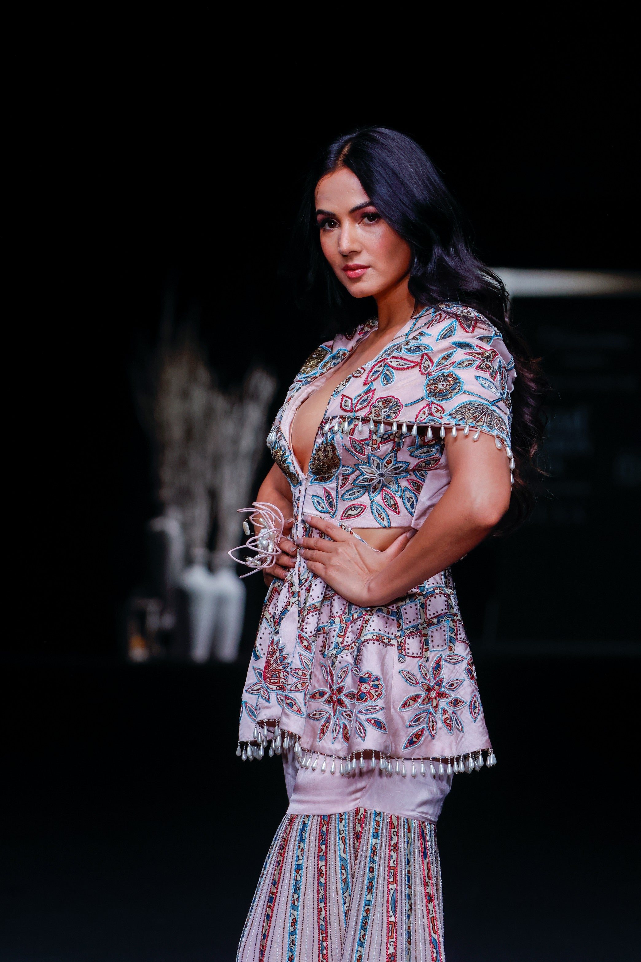 Peachy pink fully handcrafted capelet peplum jacket with Embellished sharara