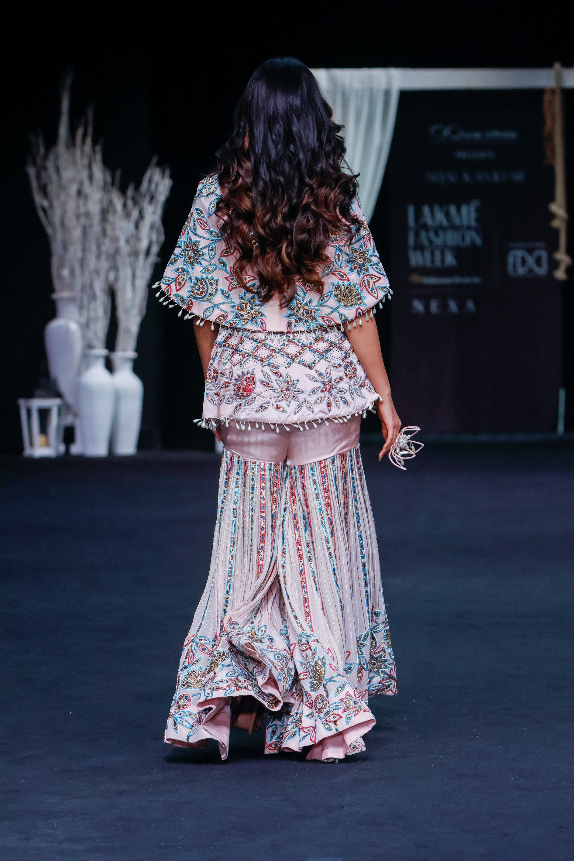 Peachy pink fully handcrafted capelet peplum jacket with Embellished sharara