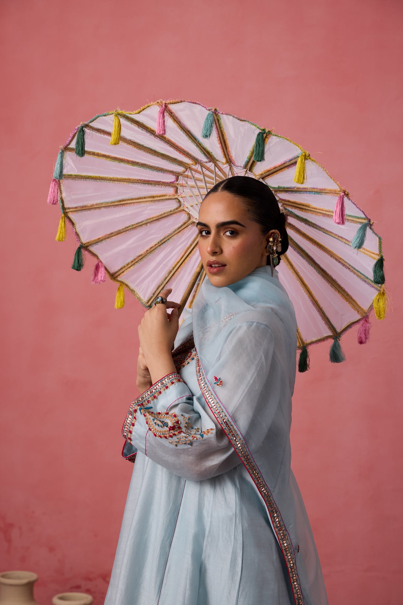 Sky blue chanderi dori work and french knot embroidered kurta paired with organic cotton slip, pant & organza dupatta