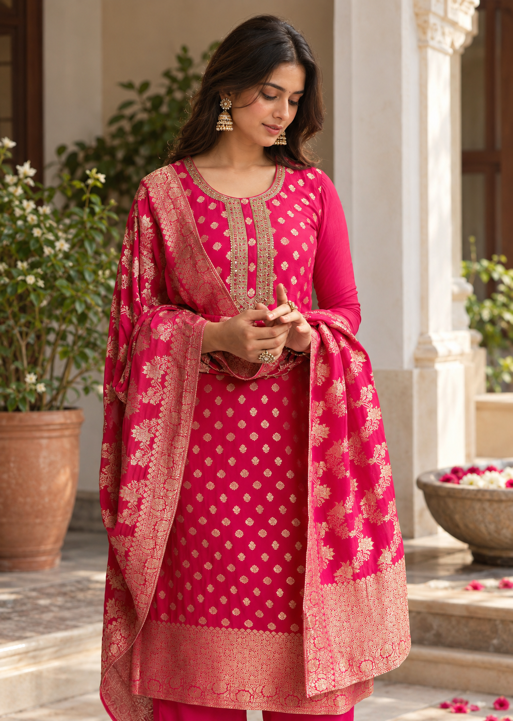 Women Pink Silk Embroidery Kurta Set
