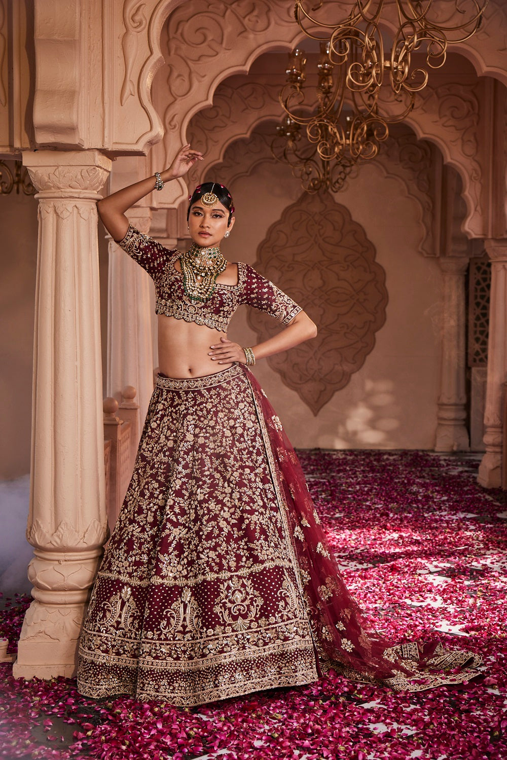Maroon heavily hand embroidered lehenga