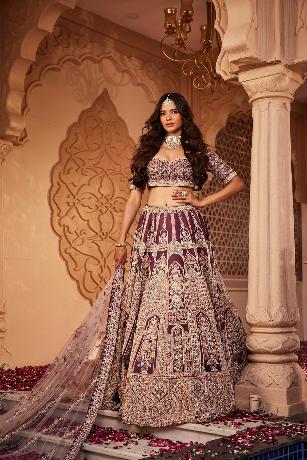 Wine rawsilk hand embroidered lehenga
